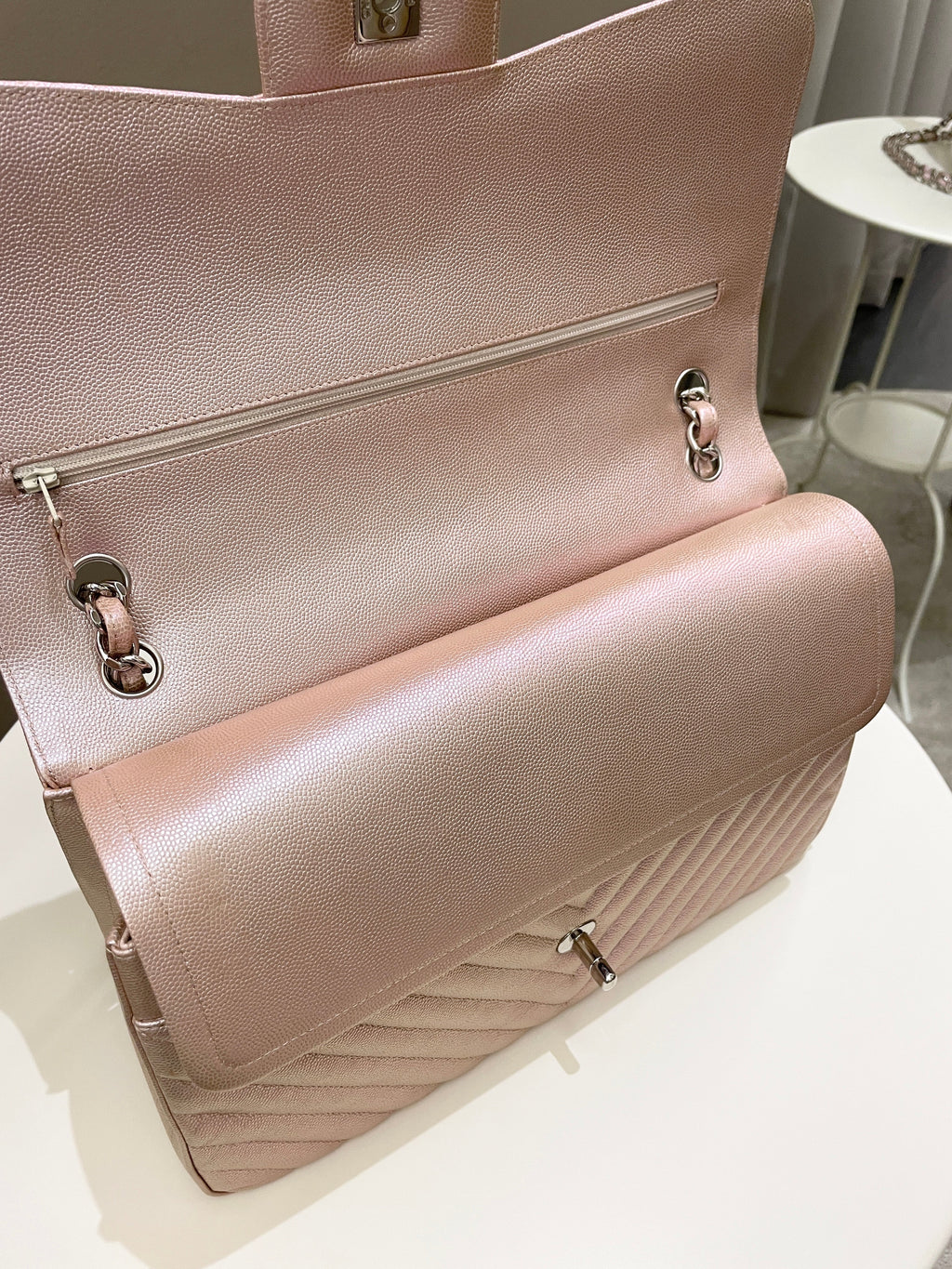 Chanel 17B Chevron Jumbo Double Flap Rose Gold Caviar