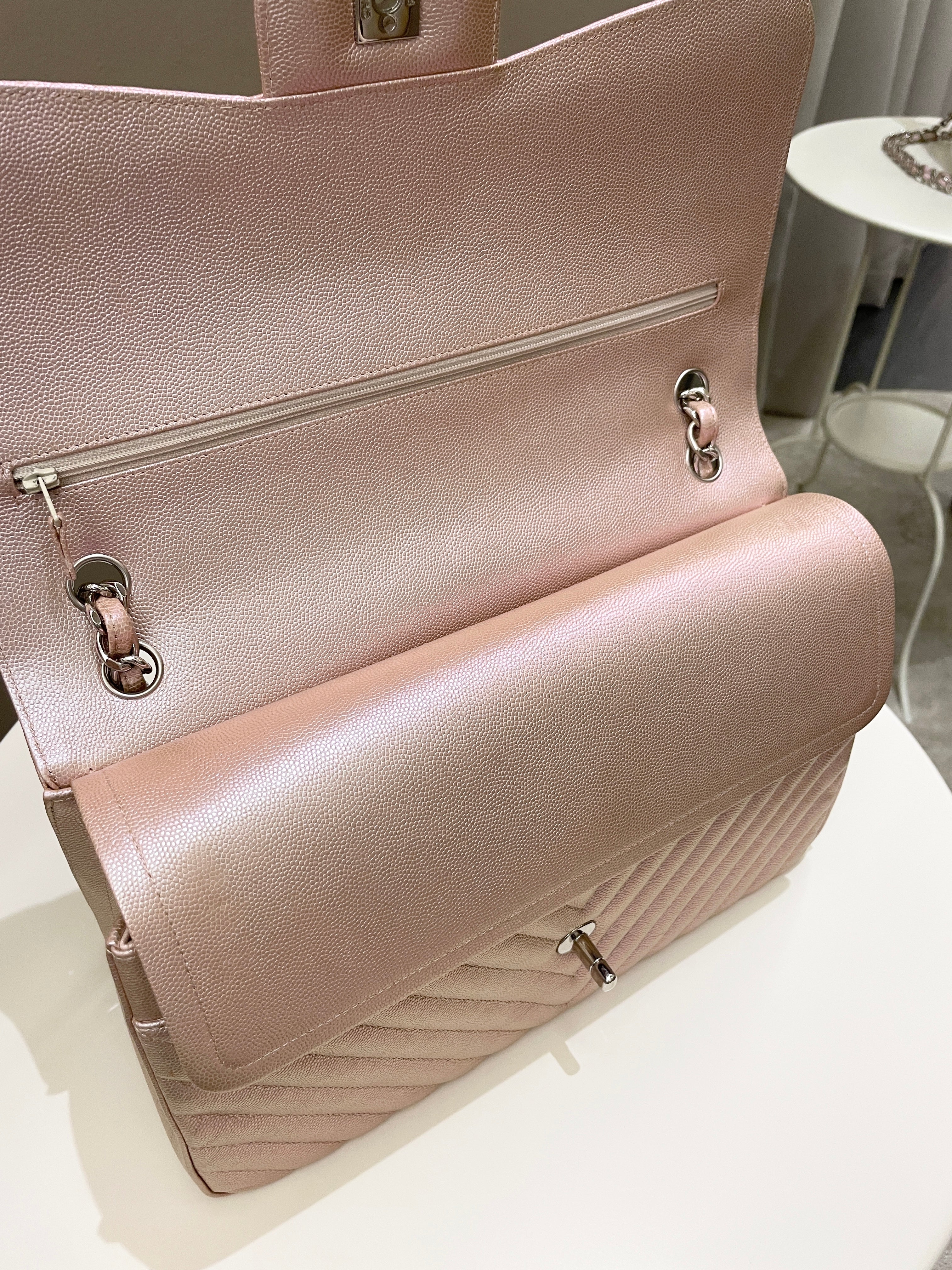 Chanel 17B Chevron Jumbo Double Flap Rose Gold Caviar
