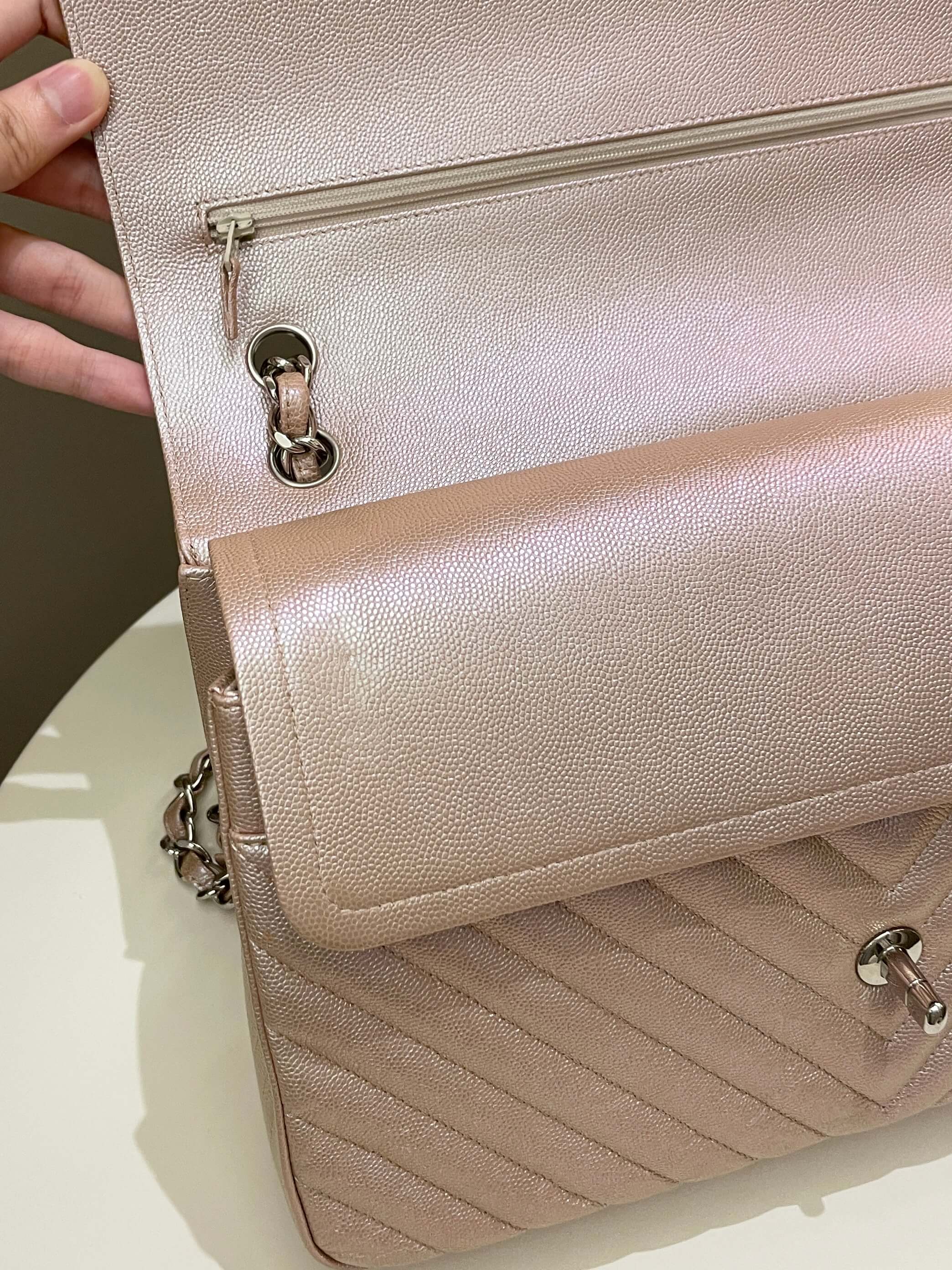 Chanel 17B Chevron Jumbo Double Flap Rose Gold Caviar