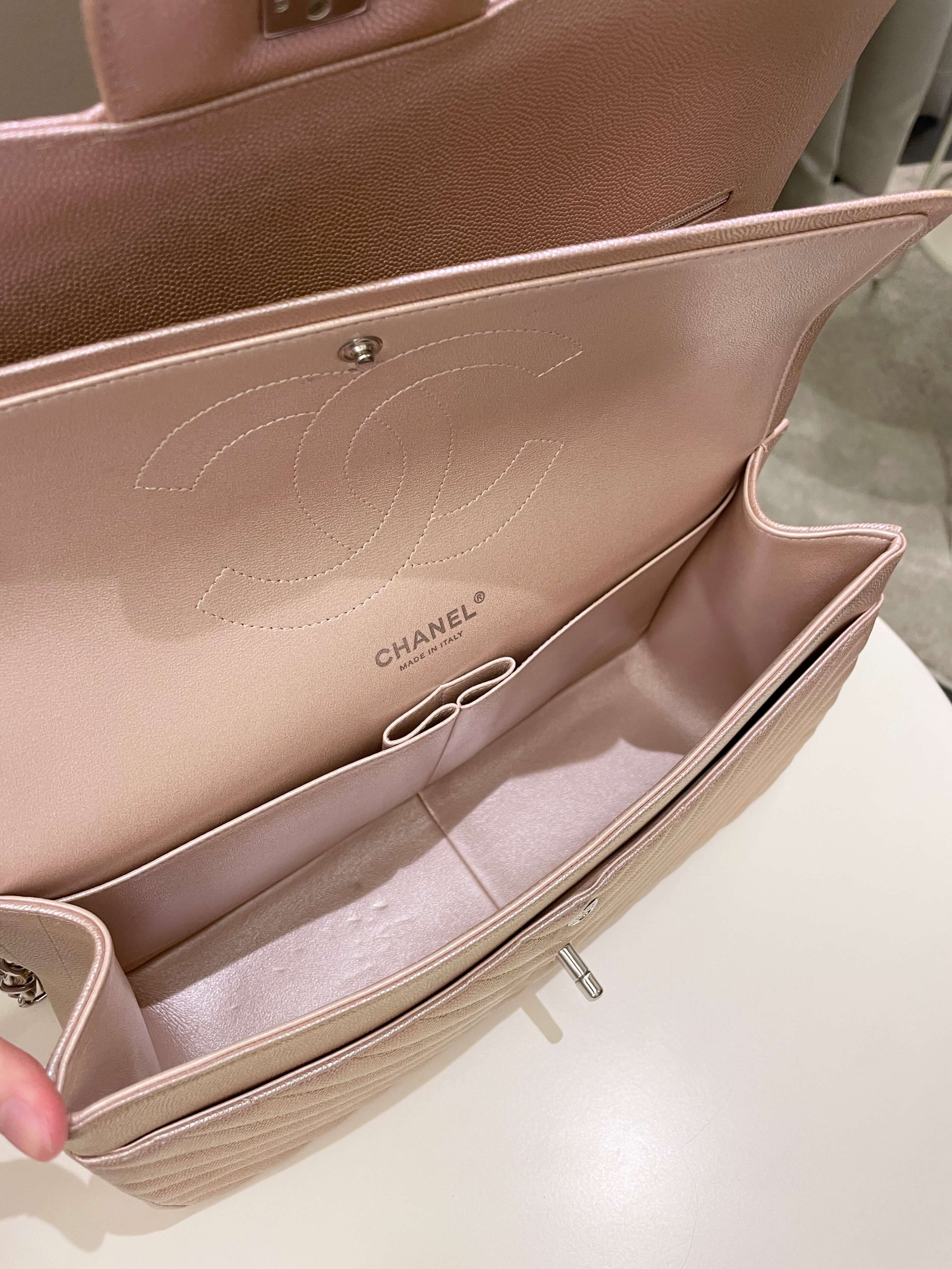 Chanel 17B Chevron Jumbo Double Flap Rose Gold Caviar