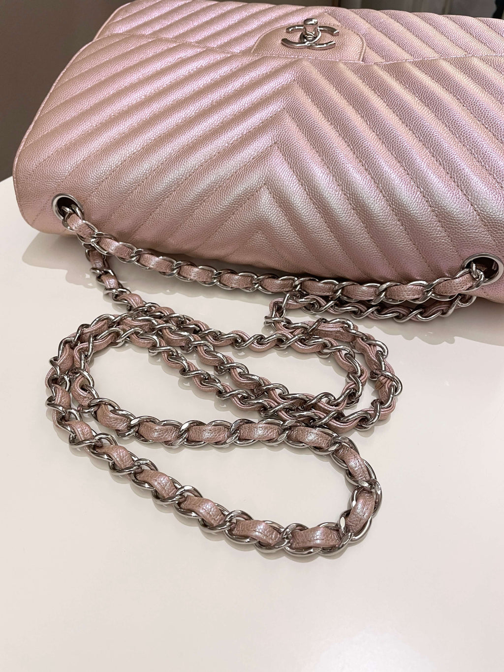 Chanel 17B Chevron Jumbo Double Flap Rose Gold Caviar