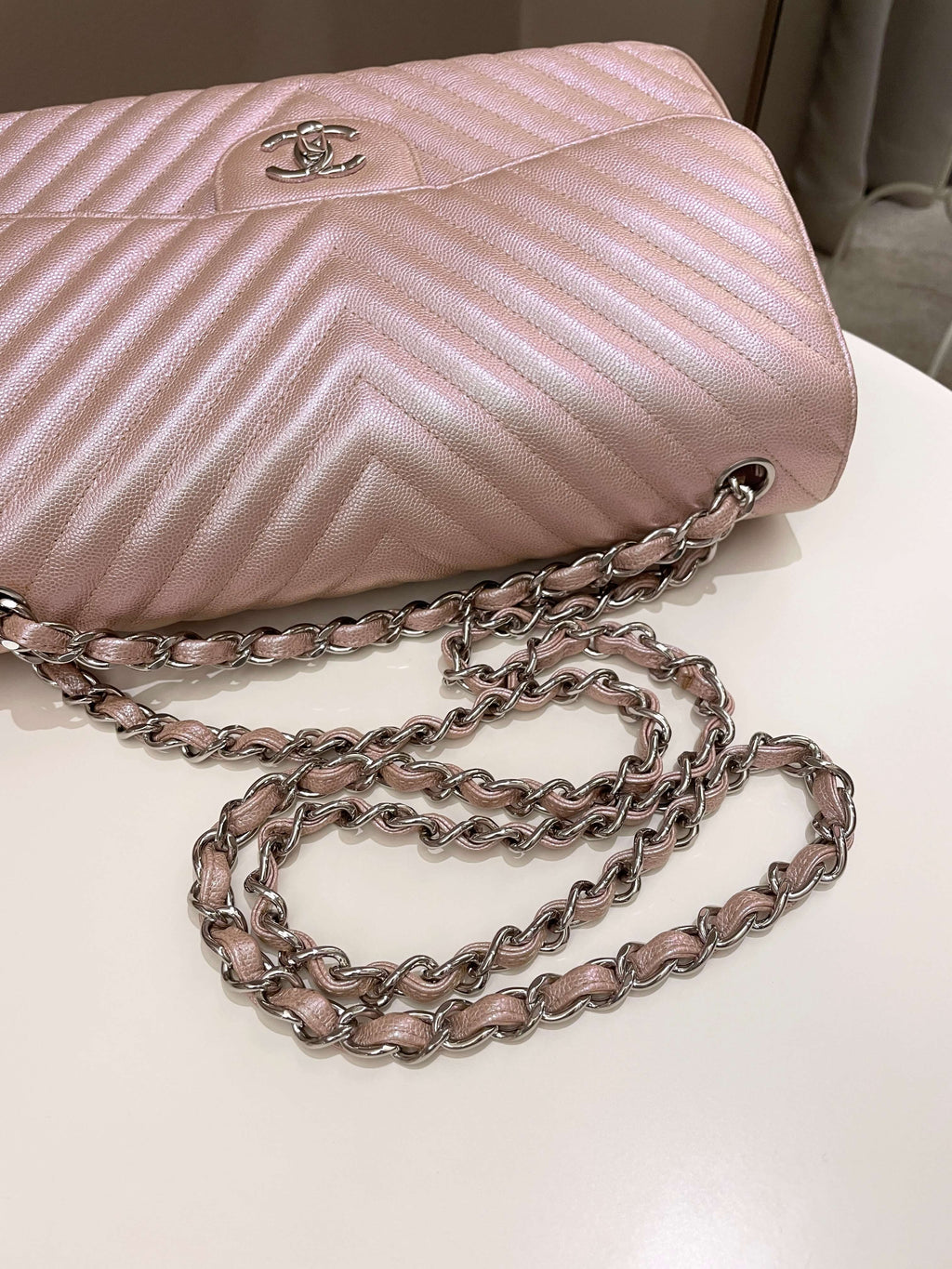 Chanel 17B Chevron Jumbo Double Flap Rose Gold Caviar