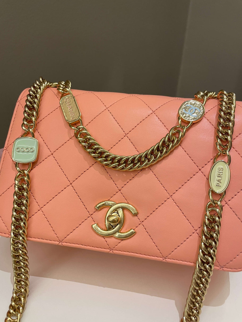 Chanel 23C Charm Chain Flap Bag Light Orange Stiff Lambskin