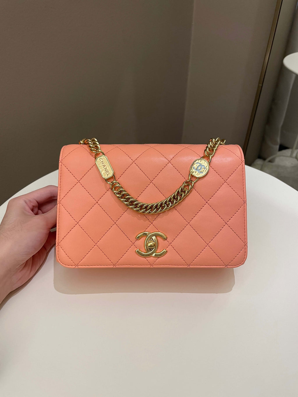 Chanel 23C Charm Chain Flap Bag Light Orange Stiff Lambskin