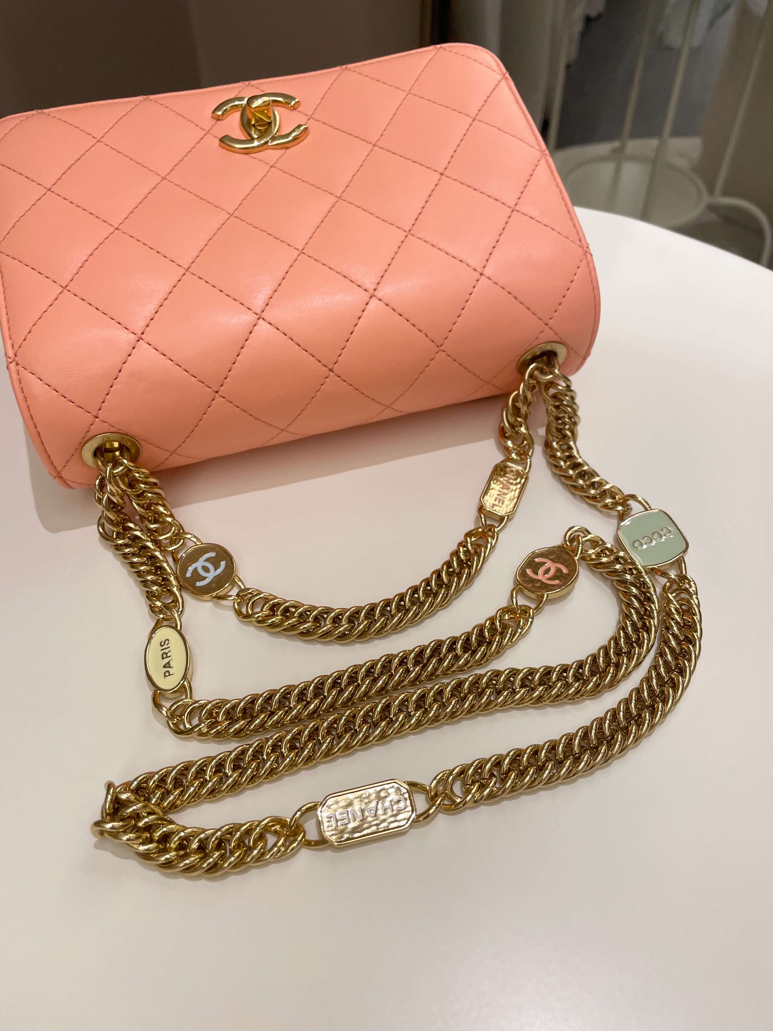 Chanel 23C Charm Chain Flap Bag Light Orange Stiff Lambskin