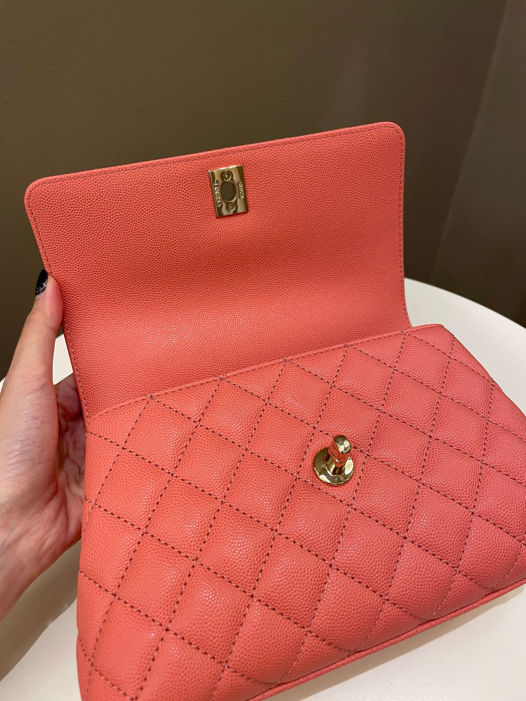 Chanel 22A Quilted Coco Handle Coral Pink Caviar