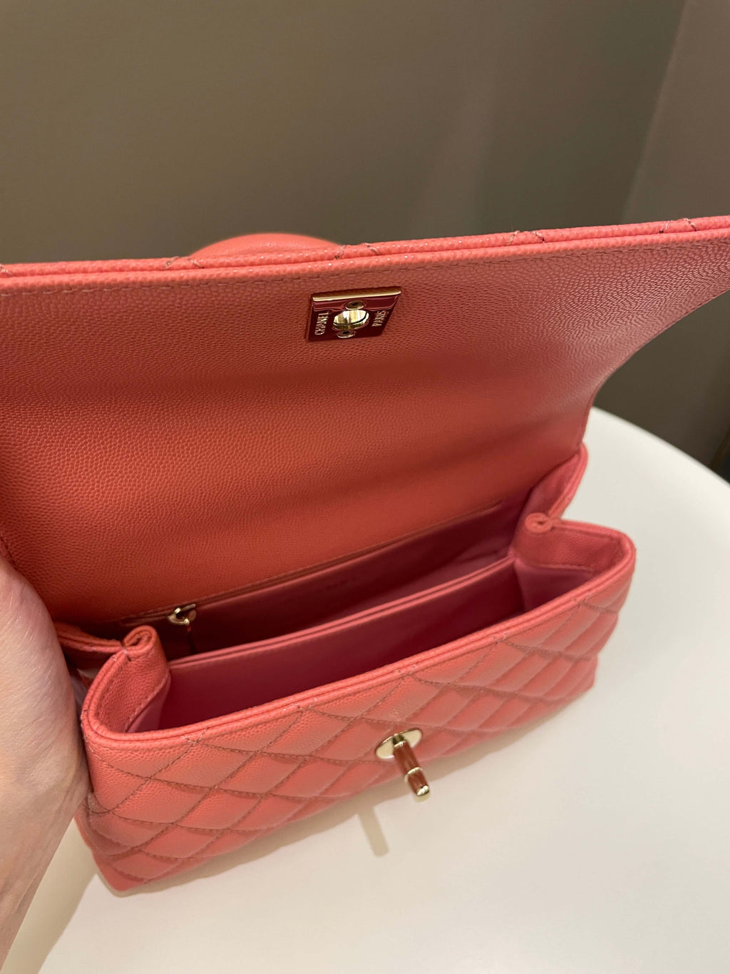 Chanel 22A Quilted Coco Handle Coral Pink Caviar