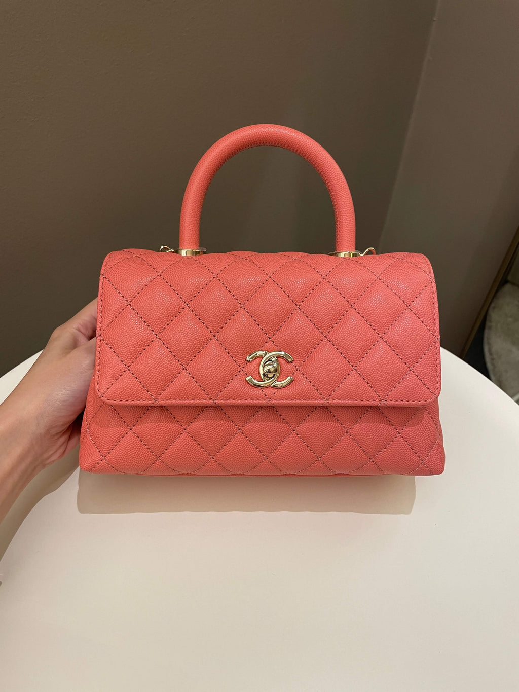 Chanel 22A Quilted Coco Handle Coral Pink Caviar