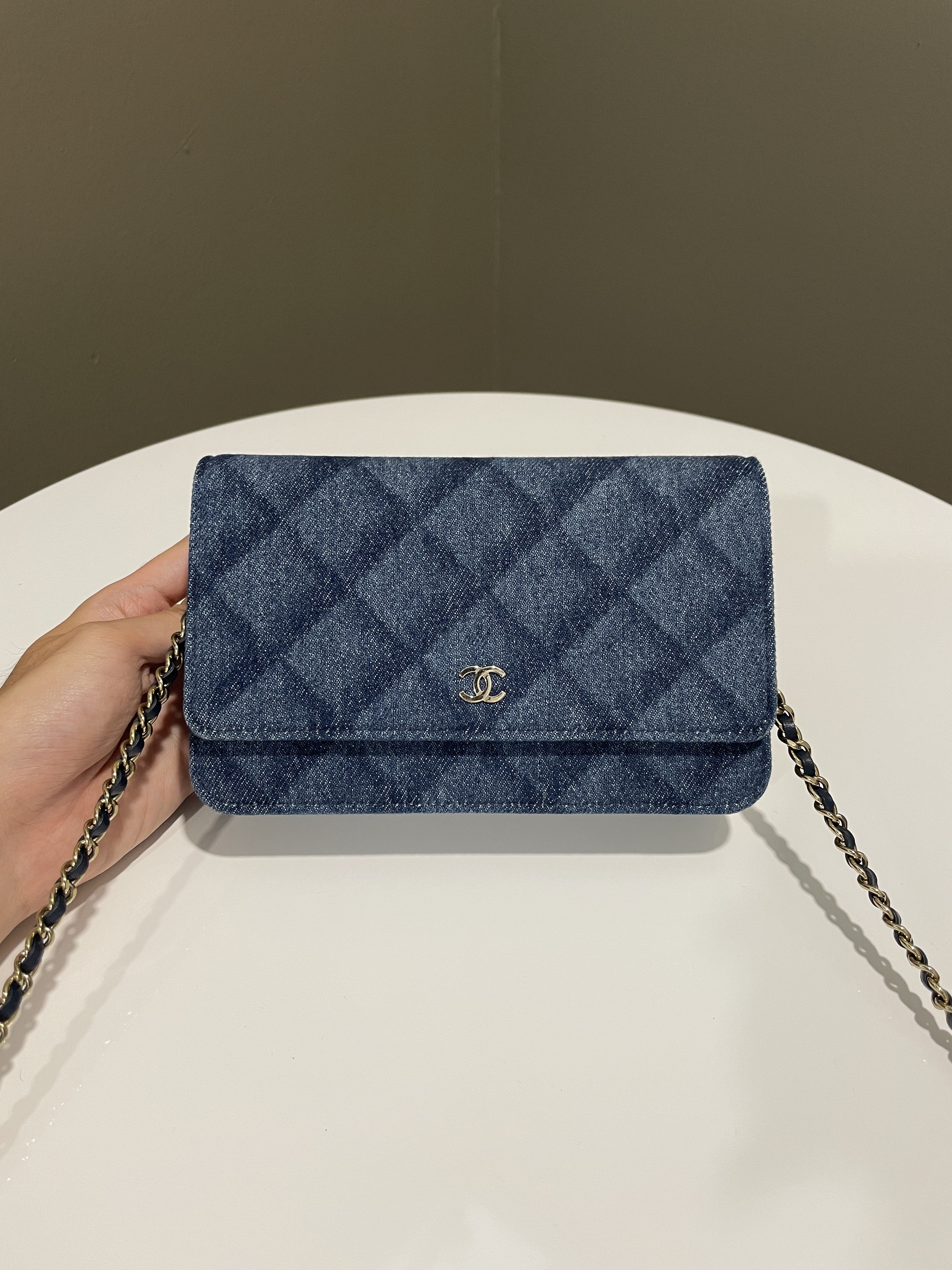 Chanel 22B Classic Quilted Wallet on Chain Blue Denim