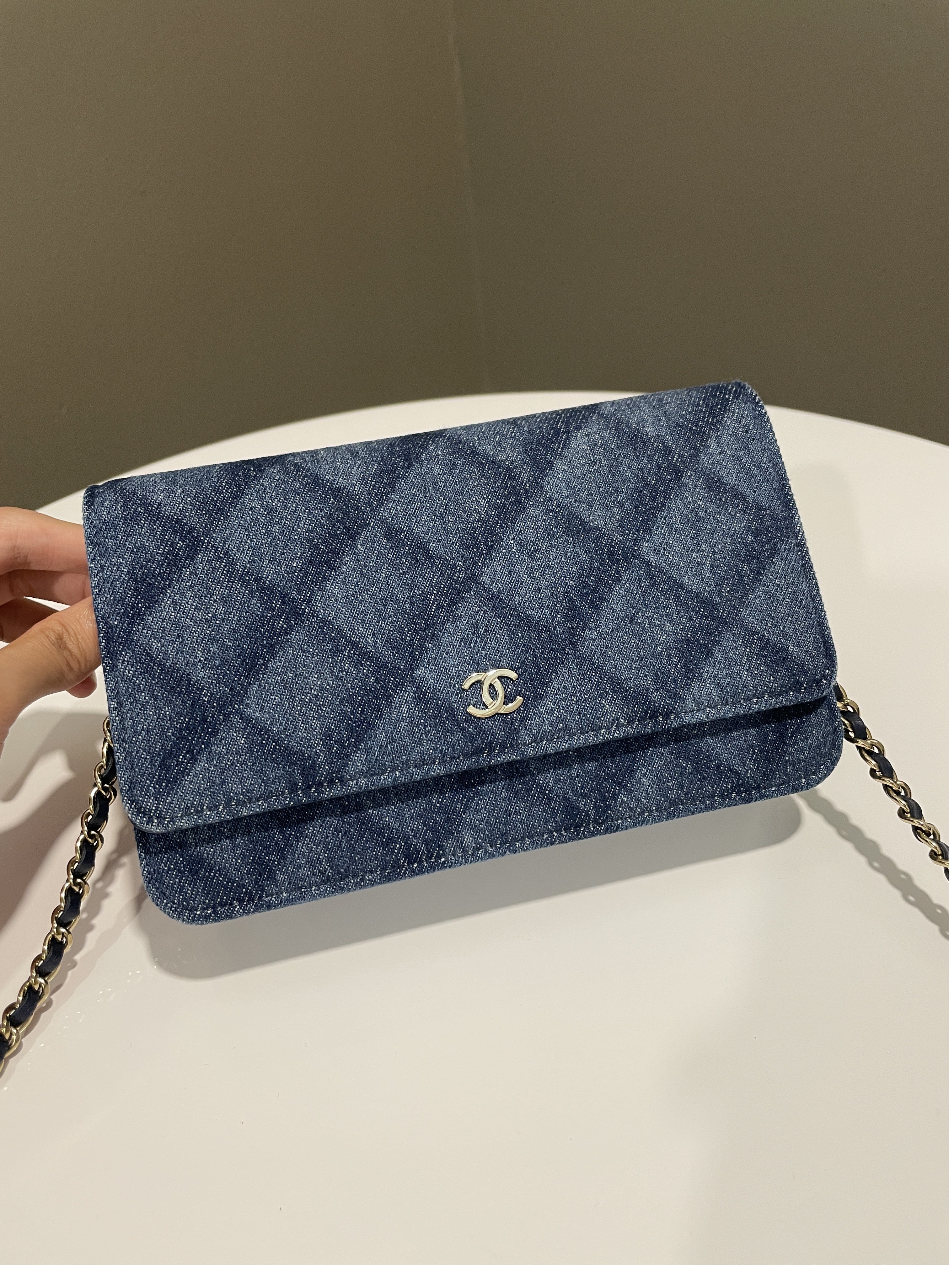 Chanel 22B Classic Quilted Wallet on Chain Blue Denim