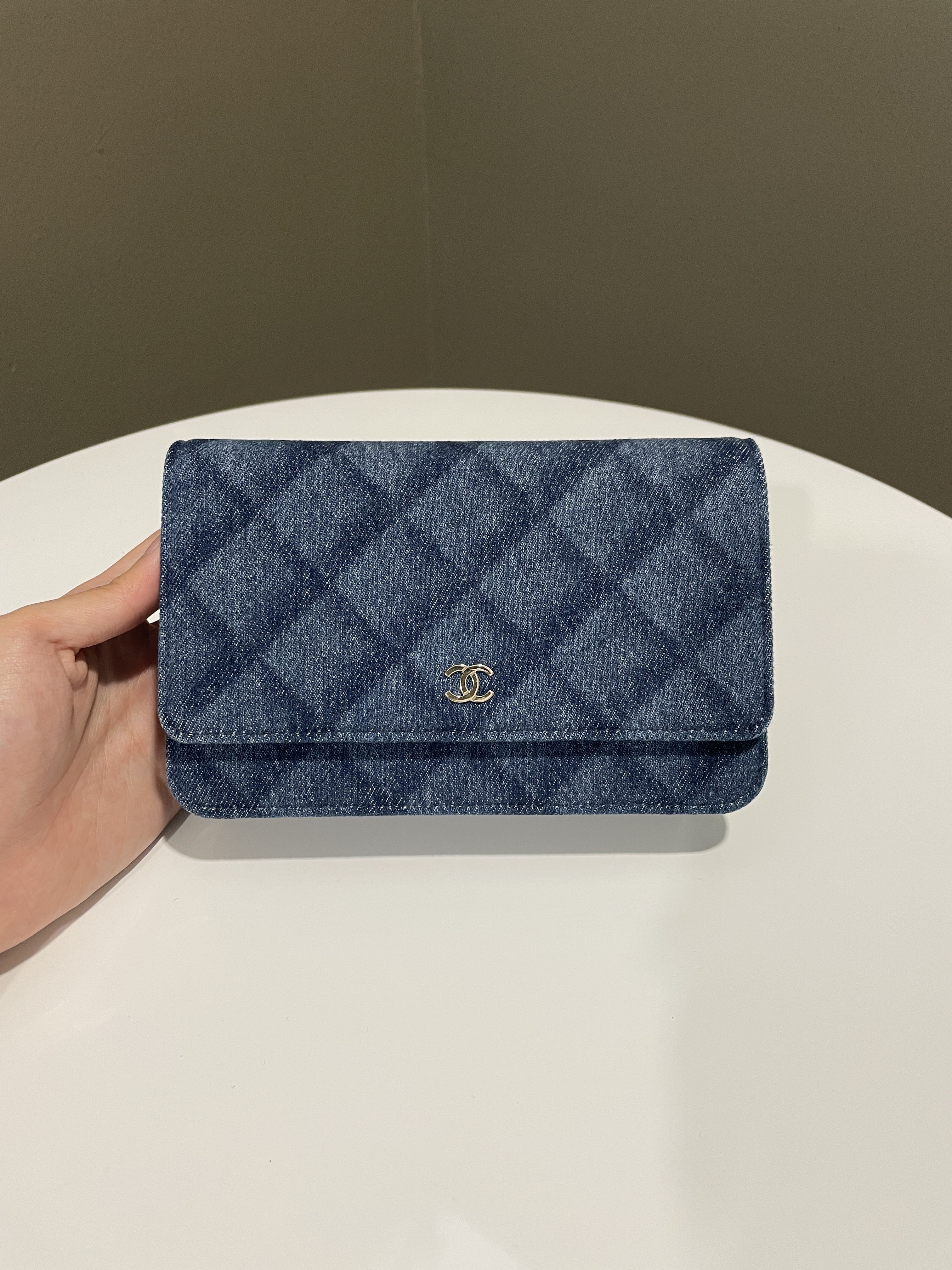 Chanel 22B Classic Quilted Wallet on Chain Blue Denim