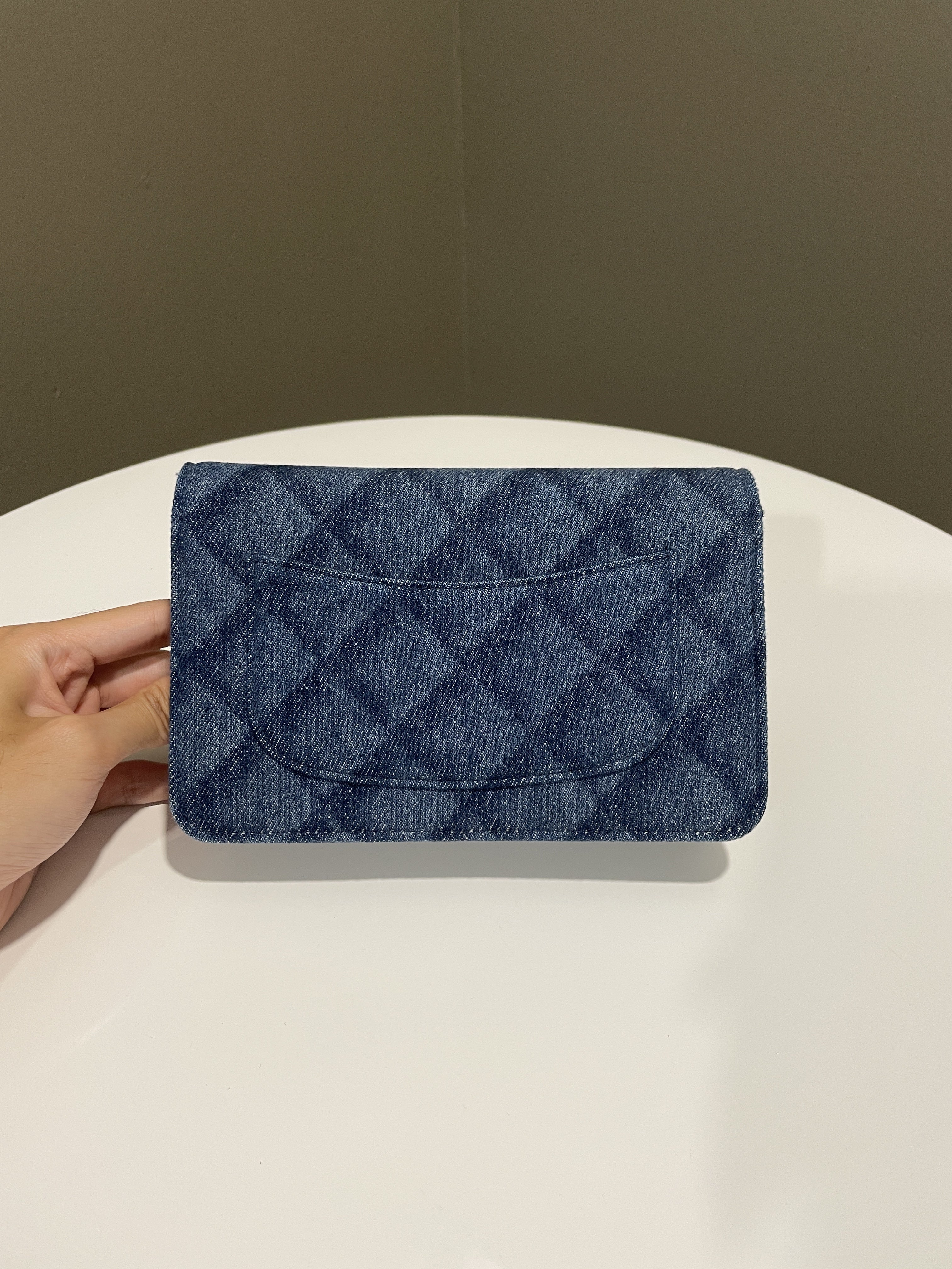 Chanel 22B Classic Quilted Wallet on Chain Blue Denim