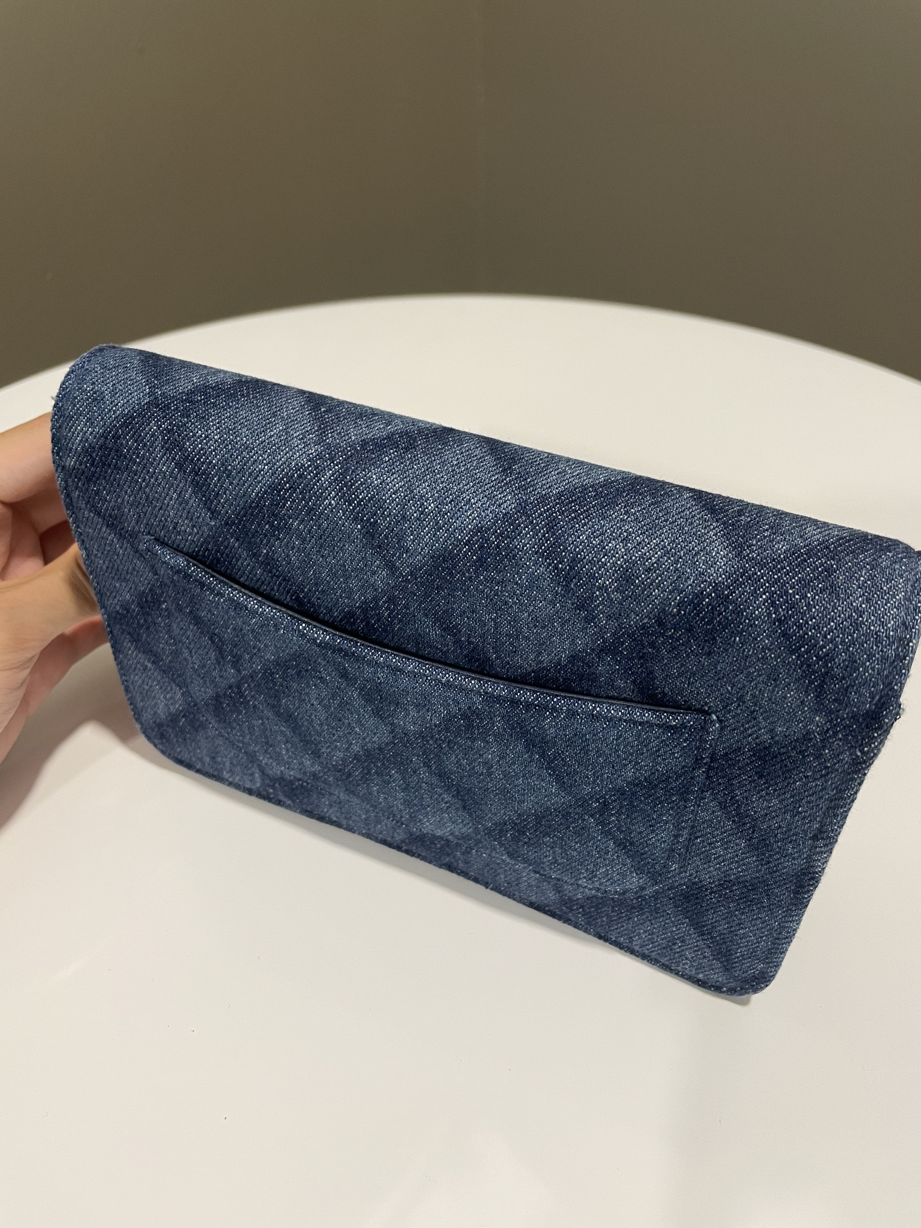Chanel 22B Classic Quilted Wallet on Chain Blue Denim