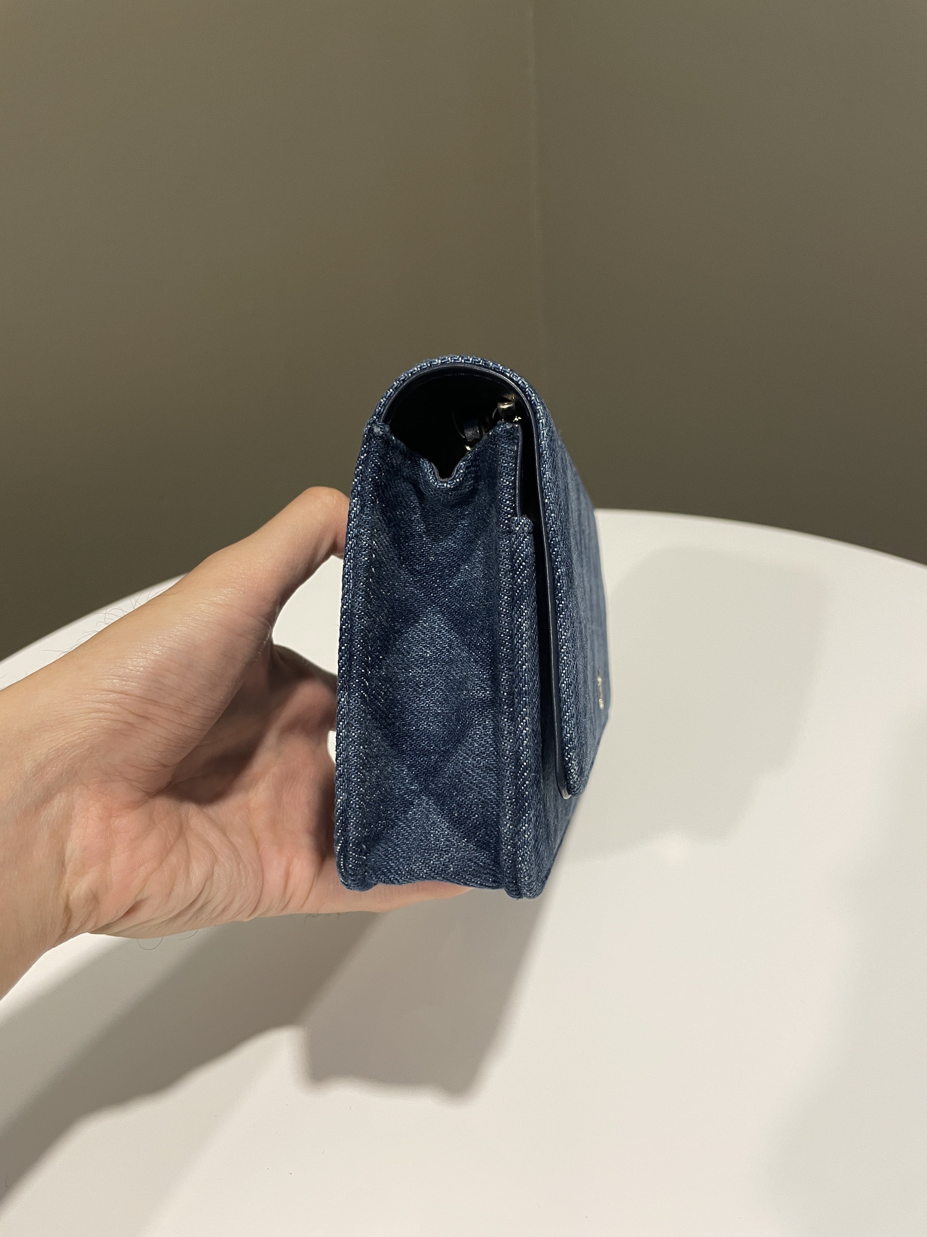 Chanel 22B Classic Quilted Wallet on Chain Blue Denim