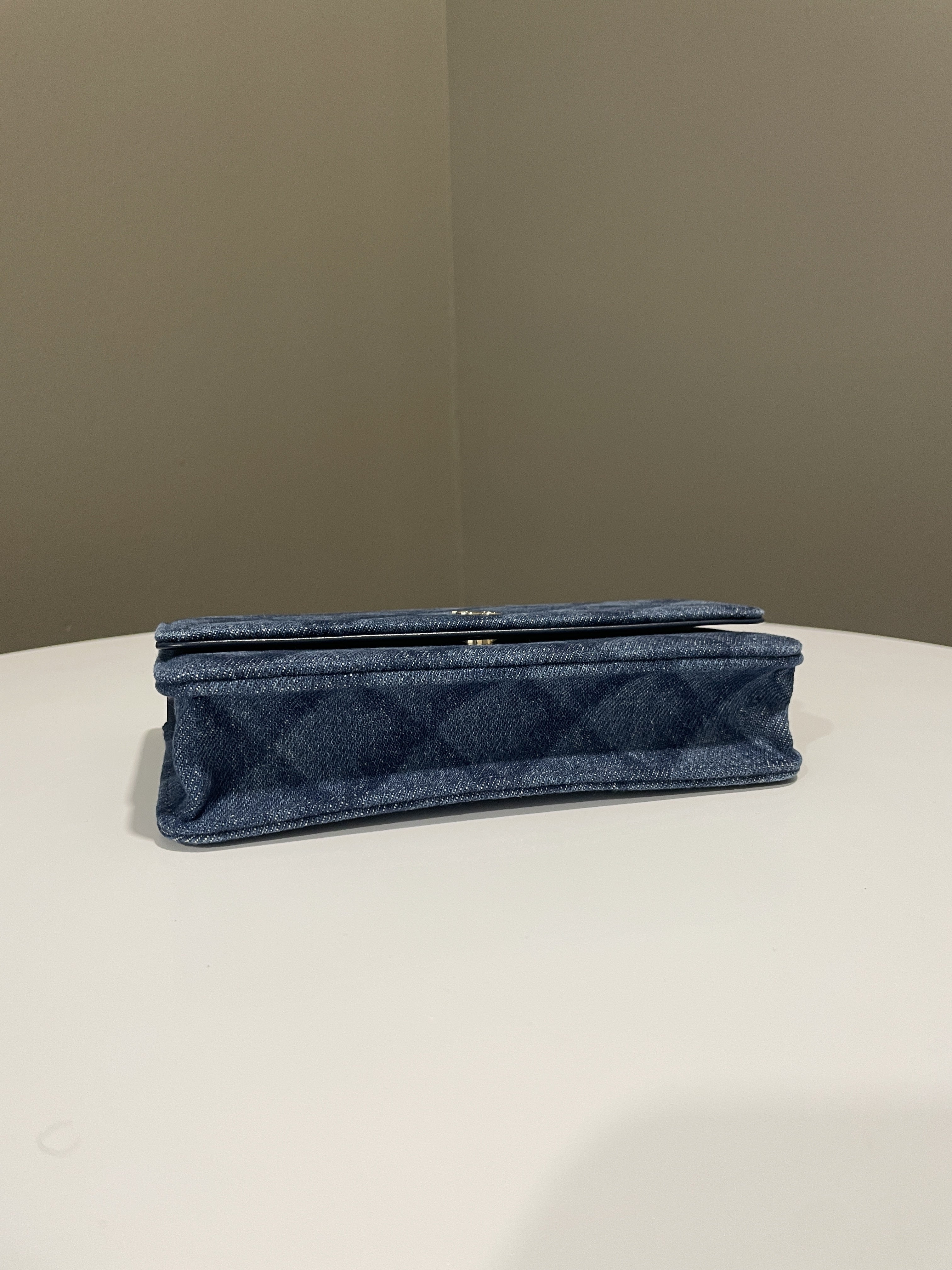 Chanel 22B Classic Quilted Wallet on Chain Blue Denim