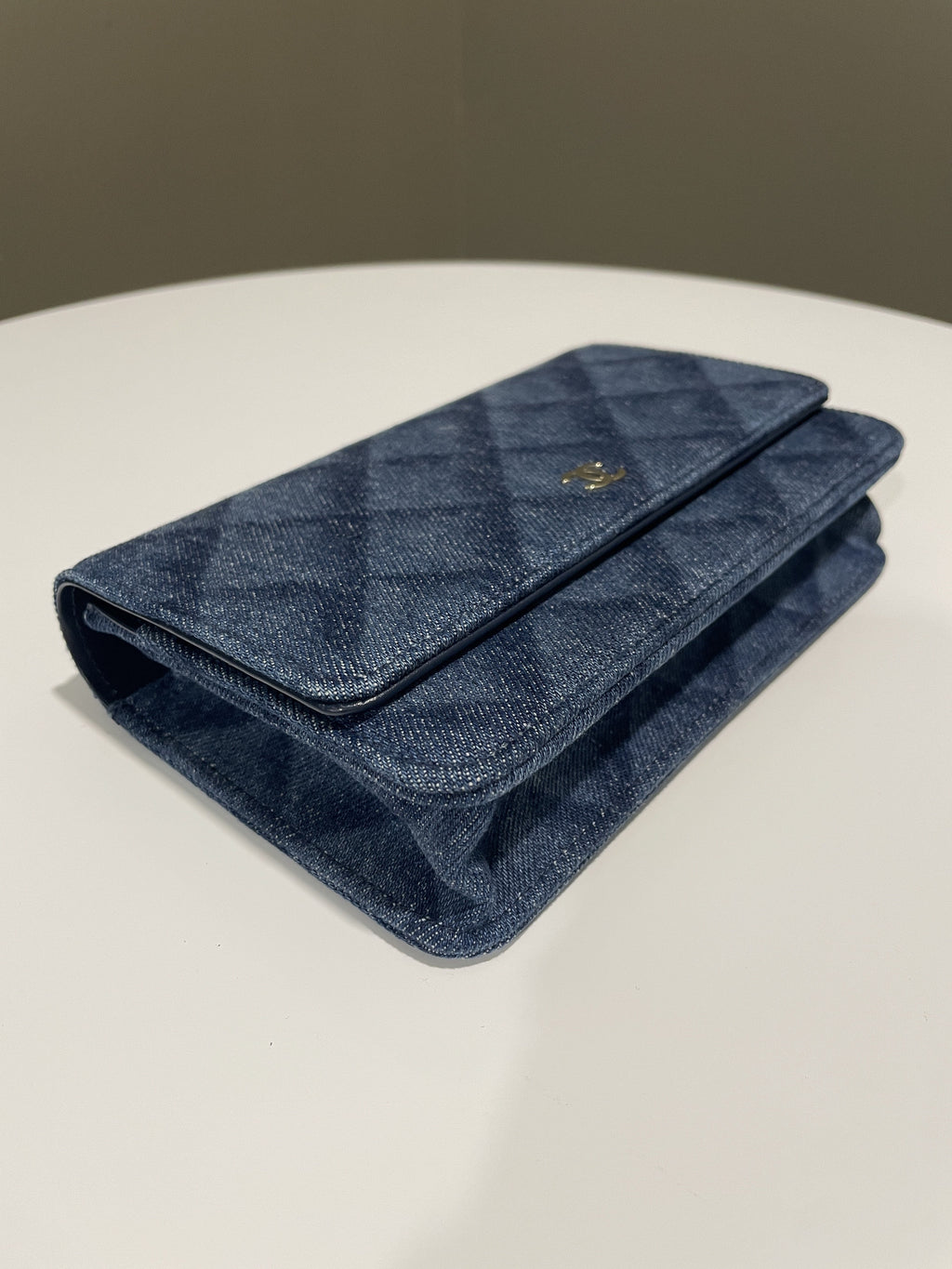 Chanel 22B Classic Quilted Wallet on Chain Blue Denim