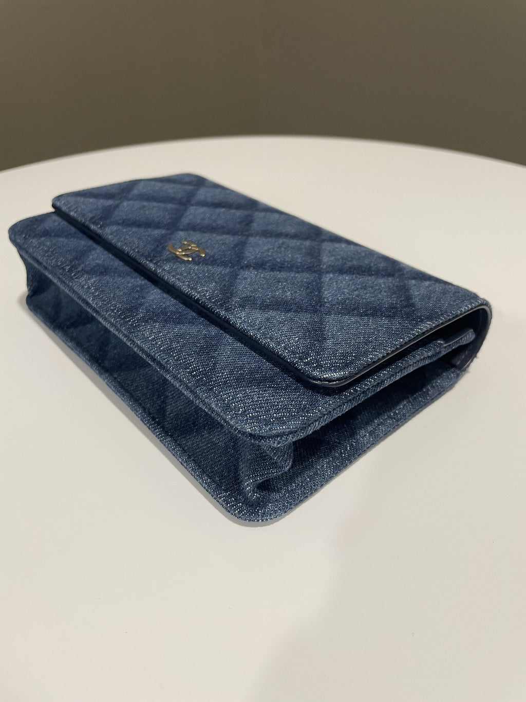 Chanel 22B Classic Quilted Wallet on Chain Blue Denim