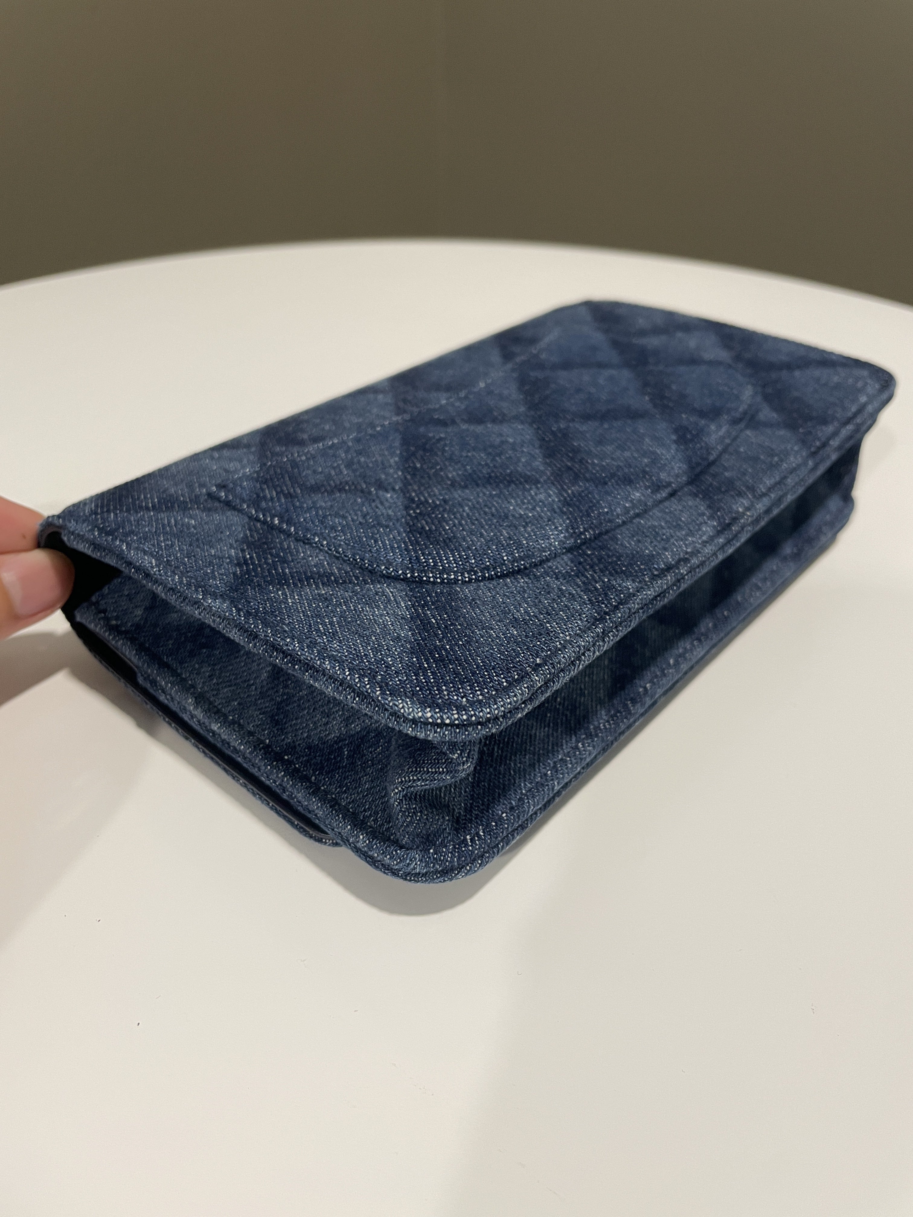 Chanel 22B Classic Quilted Wallet on Chain Blue Denim