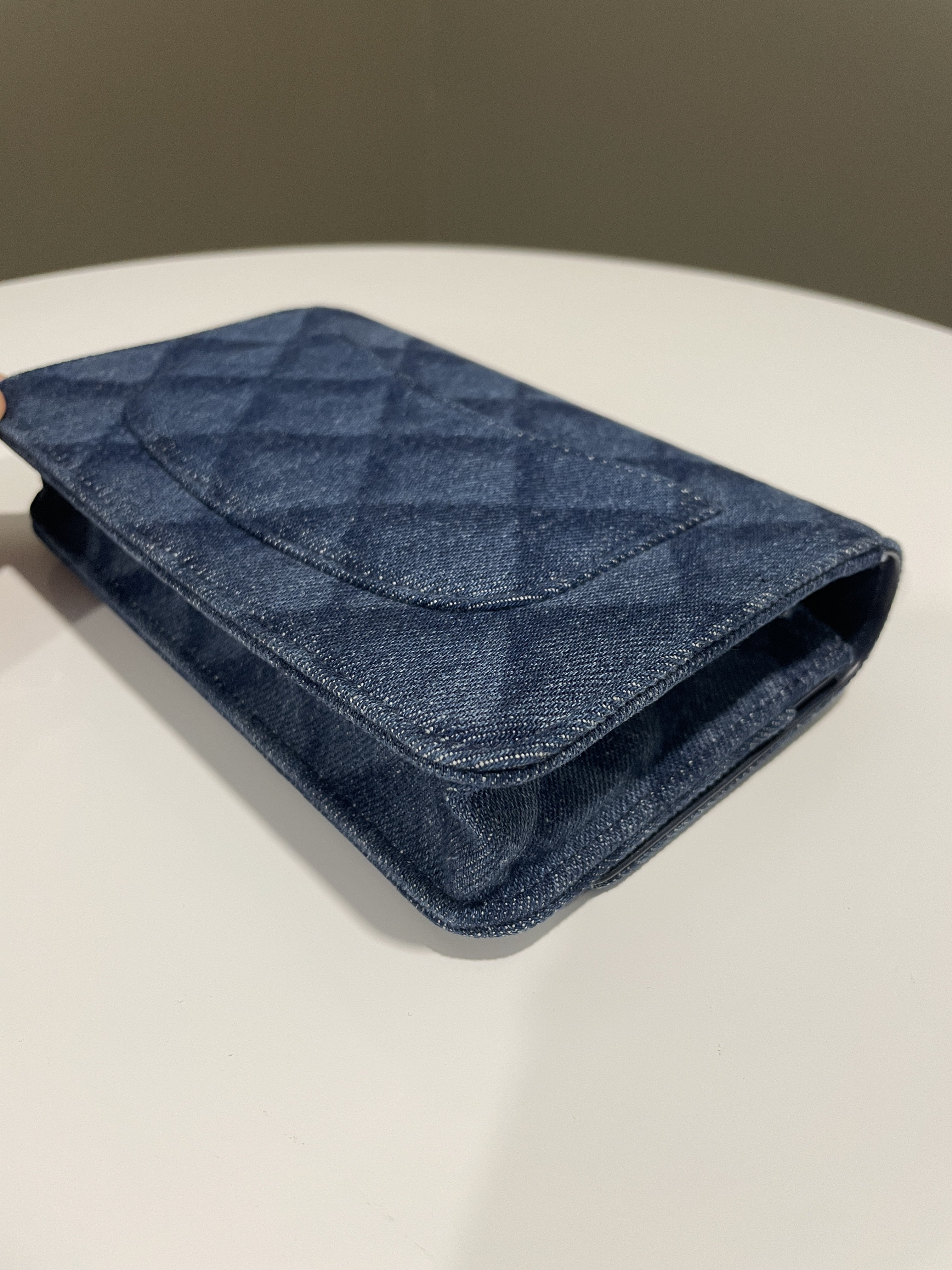 Chanel 22B Classic Quilted Wallet on Chain Blue Denim