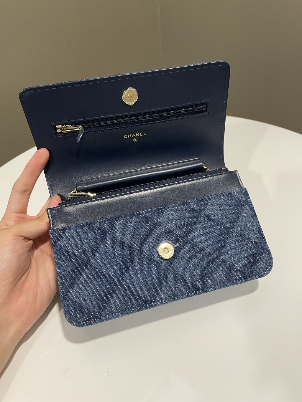 Chanel 22B Classic Quilted Wallet on Chain Blue Denim
