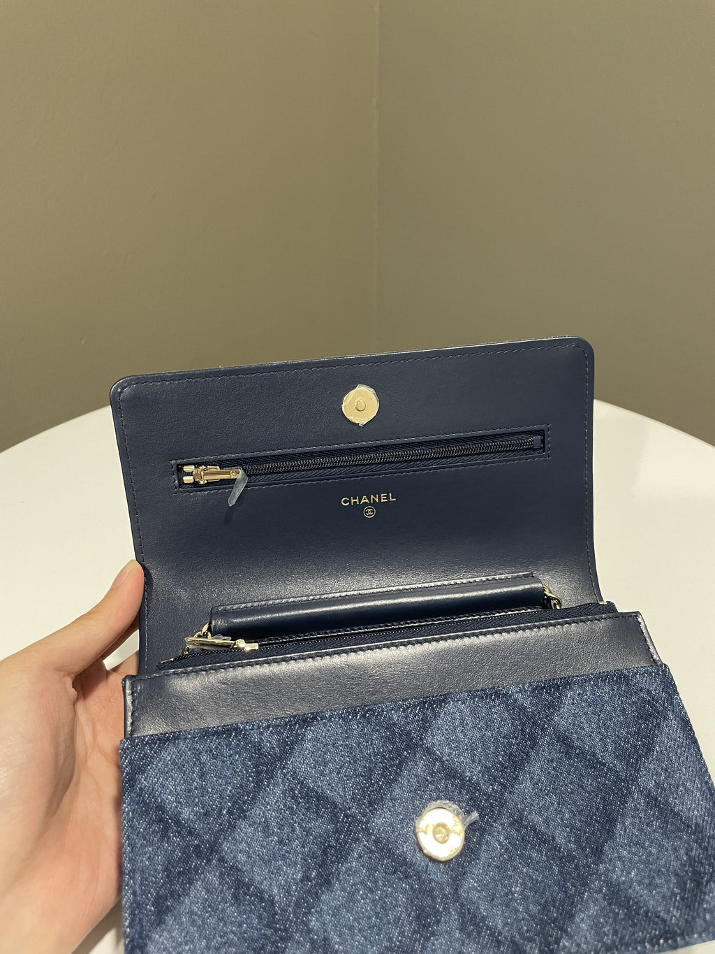 Chanel 22B Classic Quilted Wallet on Chain Blue Denim