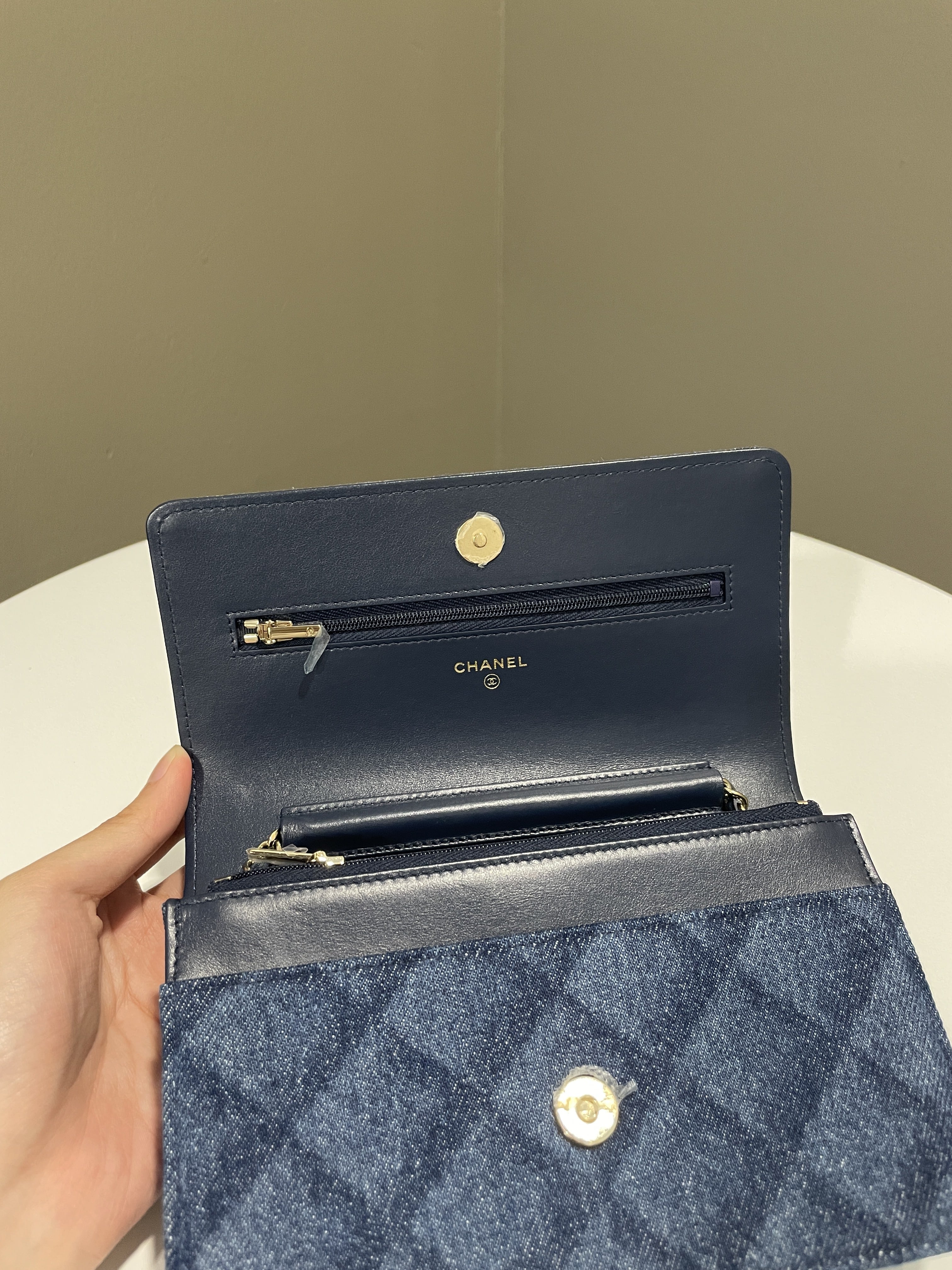 Chanel 22B Classic Quilted Wallet on Chain Blue Denim