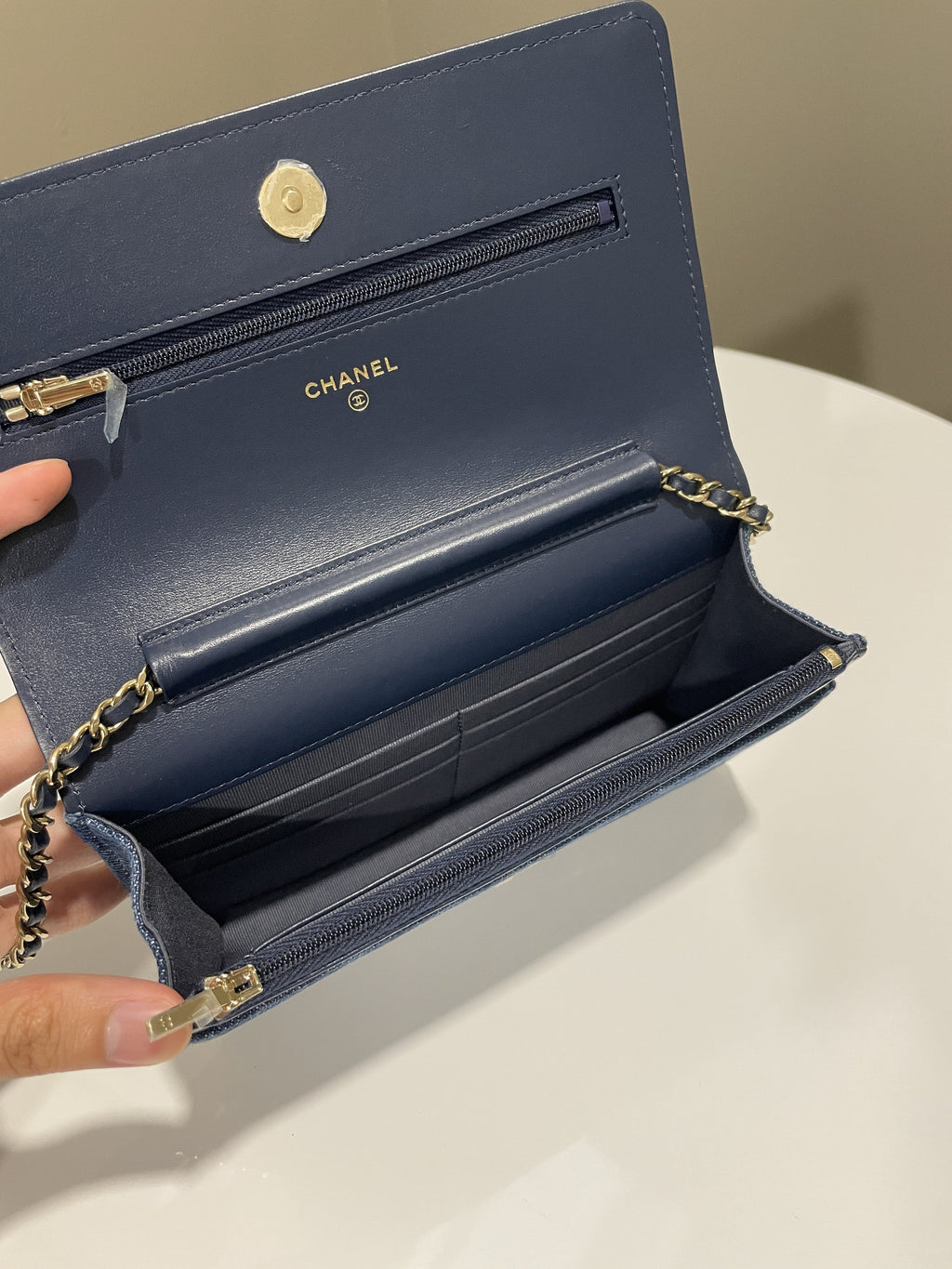 Chanel 22B Classic Quilted Wallet on Chain Blue Denim