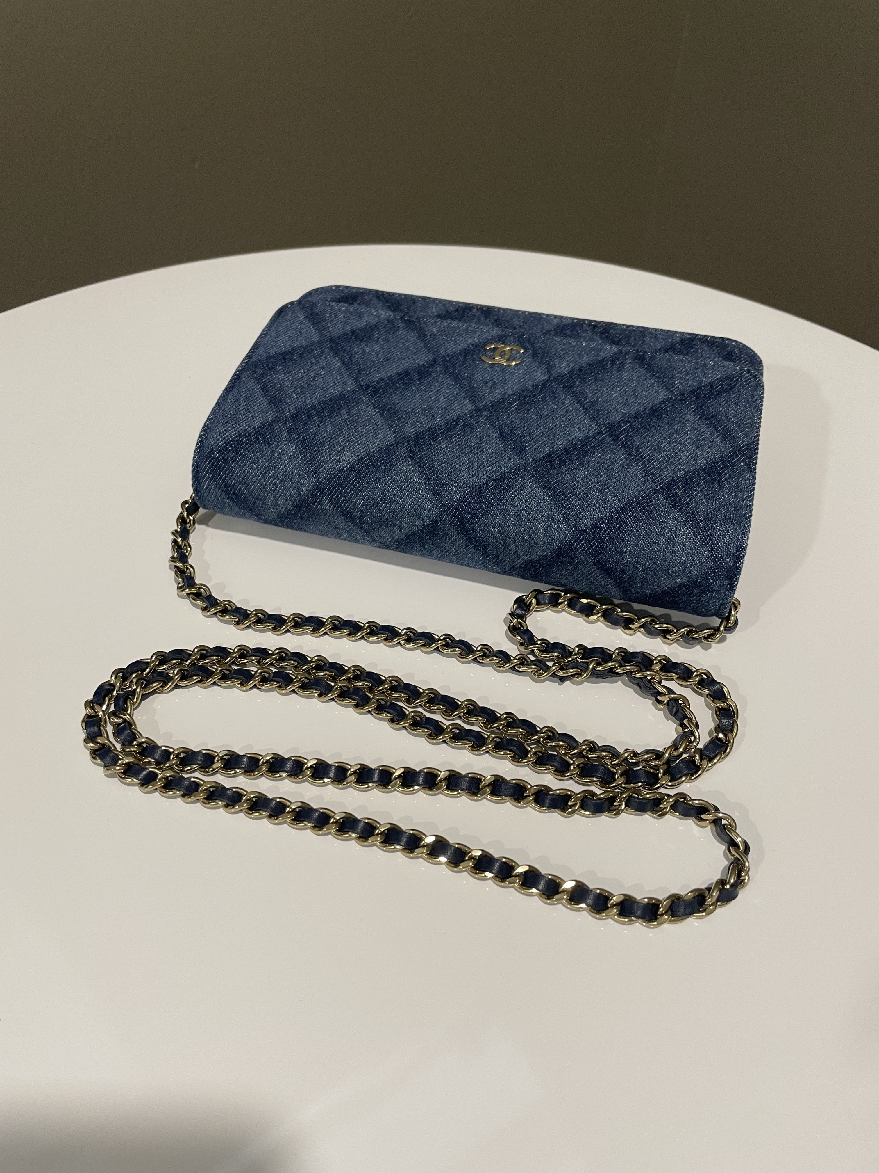 Chanel 22B Classic Quilted Wallet on Chain Blue Denim