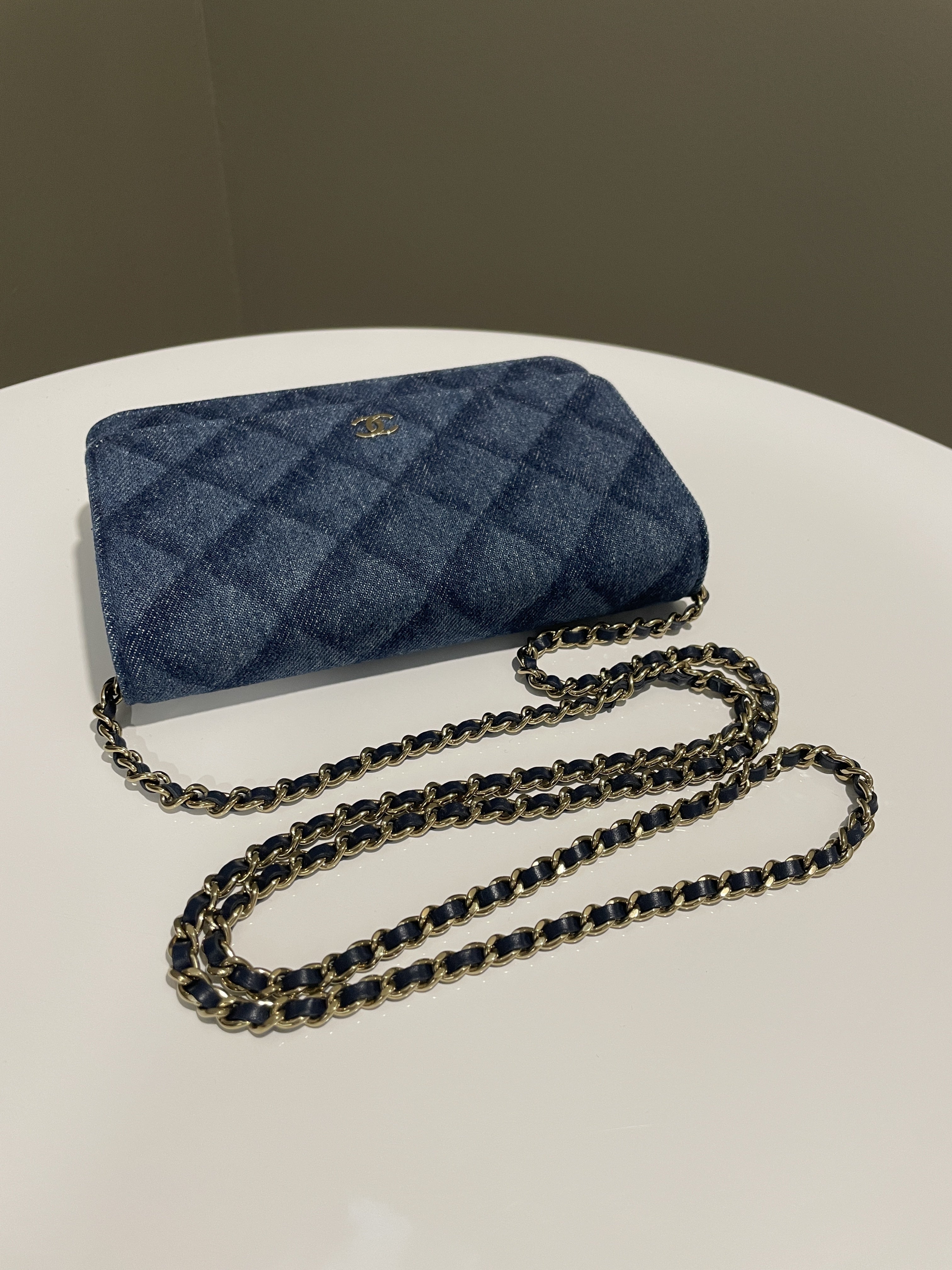 Chanel 22B Classic Quilted Wallet on Chain Blue Denim