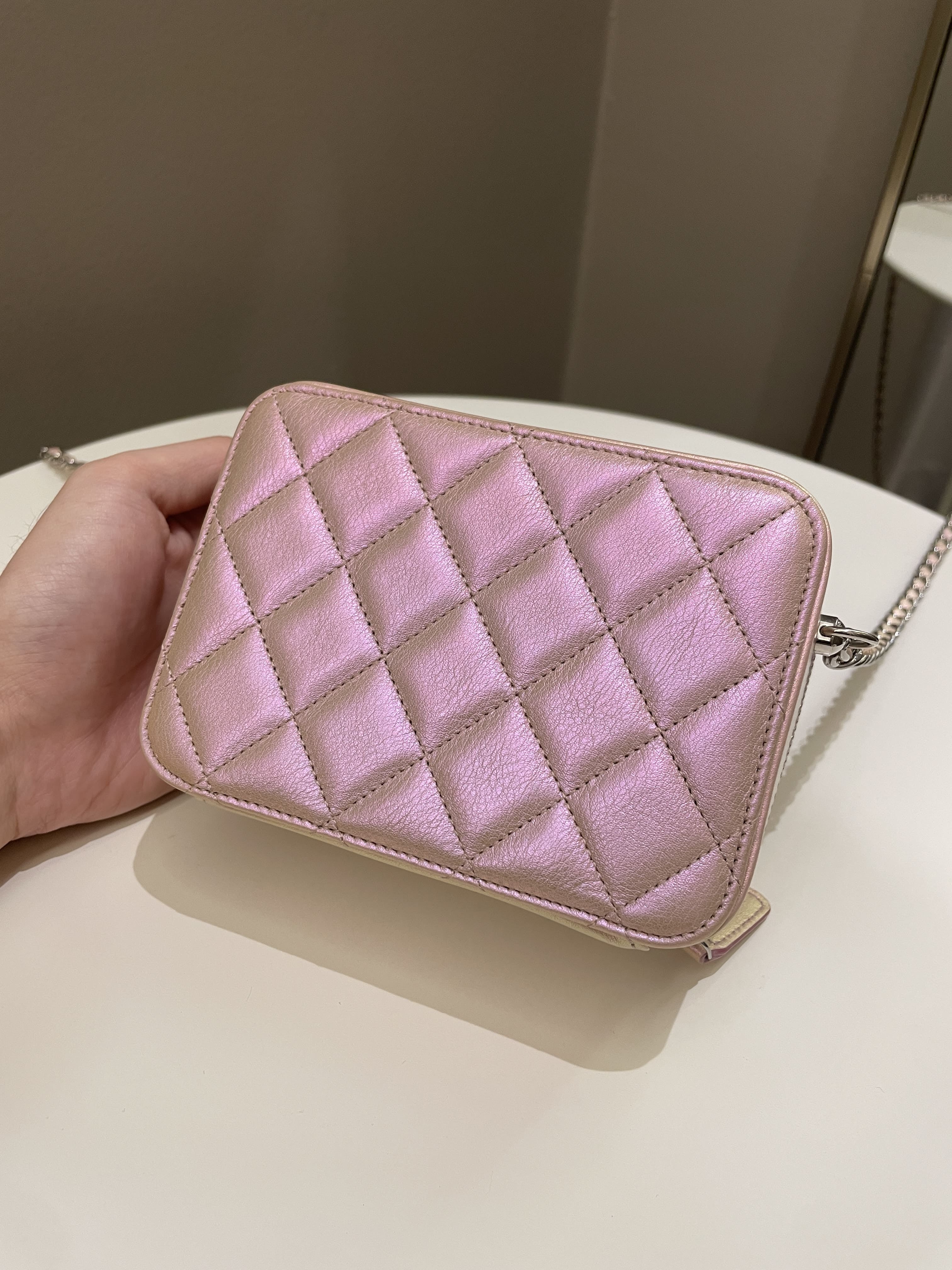 Chanel 21K Quilted Camera Sling Bag Iridescent Pink Calfskin
