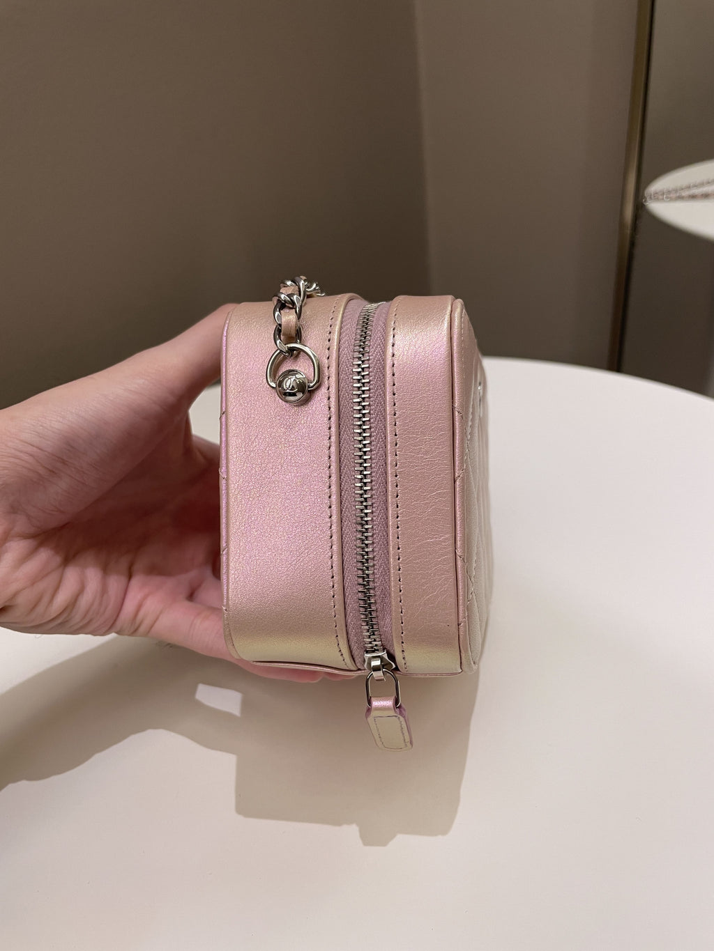 Chanel 21K Quilted Camera Sling Bag Iridescent Pink Calfskin