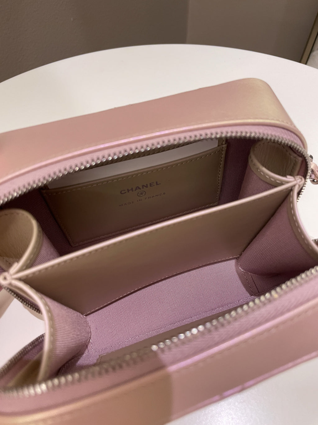 Chanel 21K Quilted Camera Sling Bag Iridescent Pink Calfskin