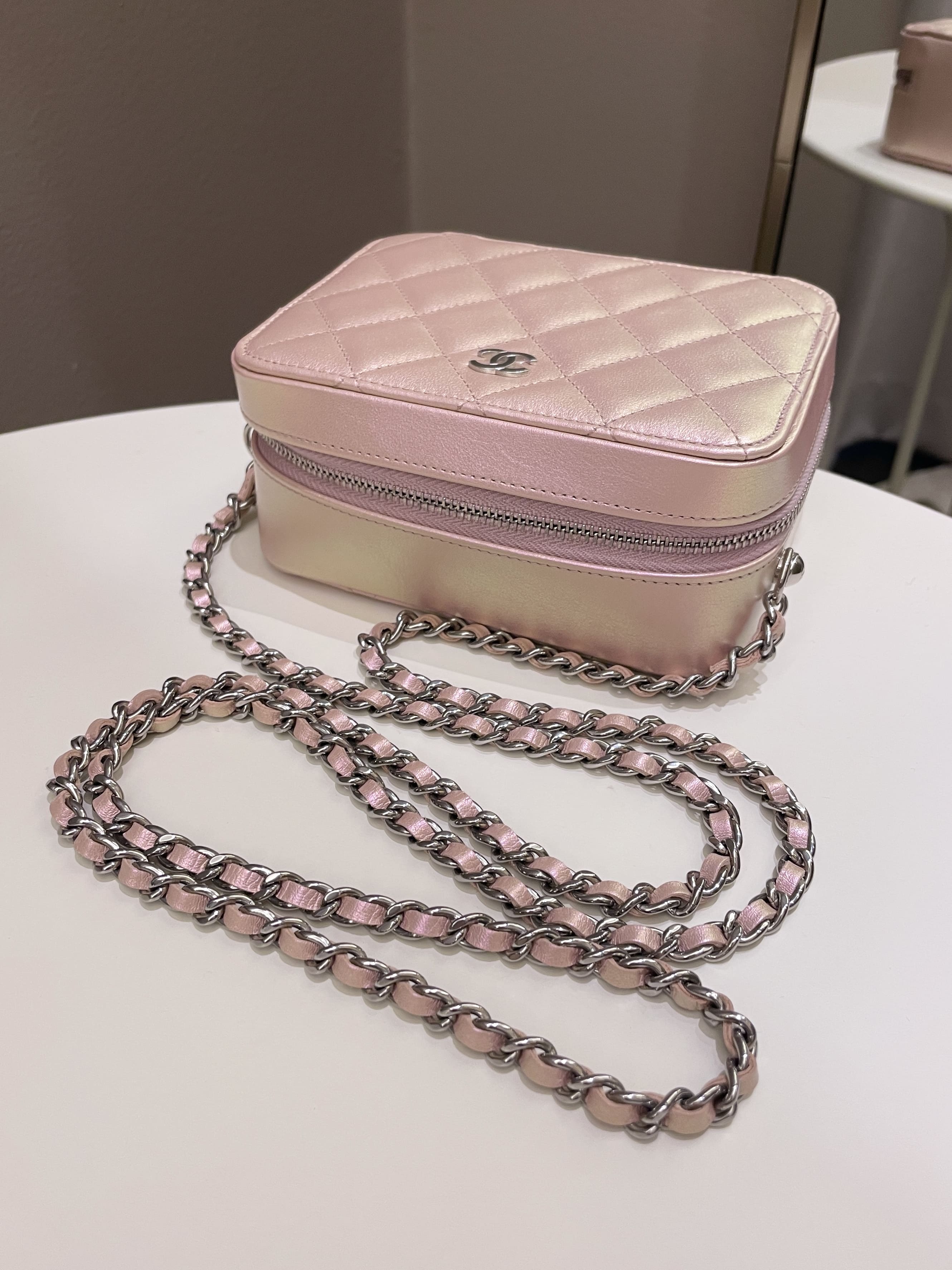 Chanel 21K Quilted Camera Sling Bag Iridescent Pink Calfskin