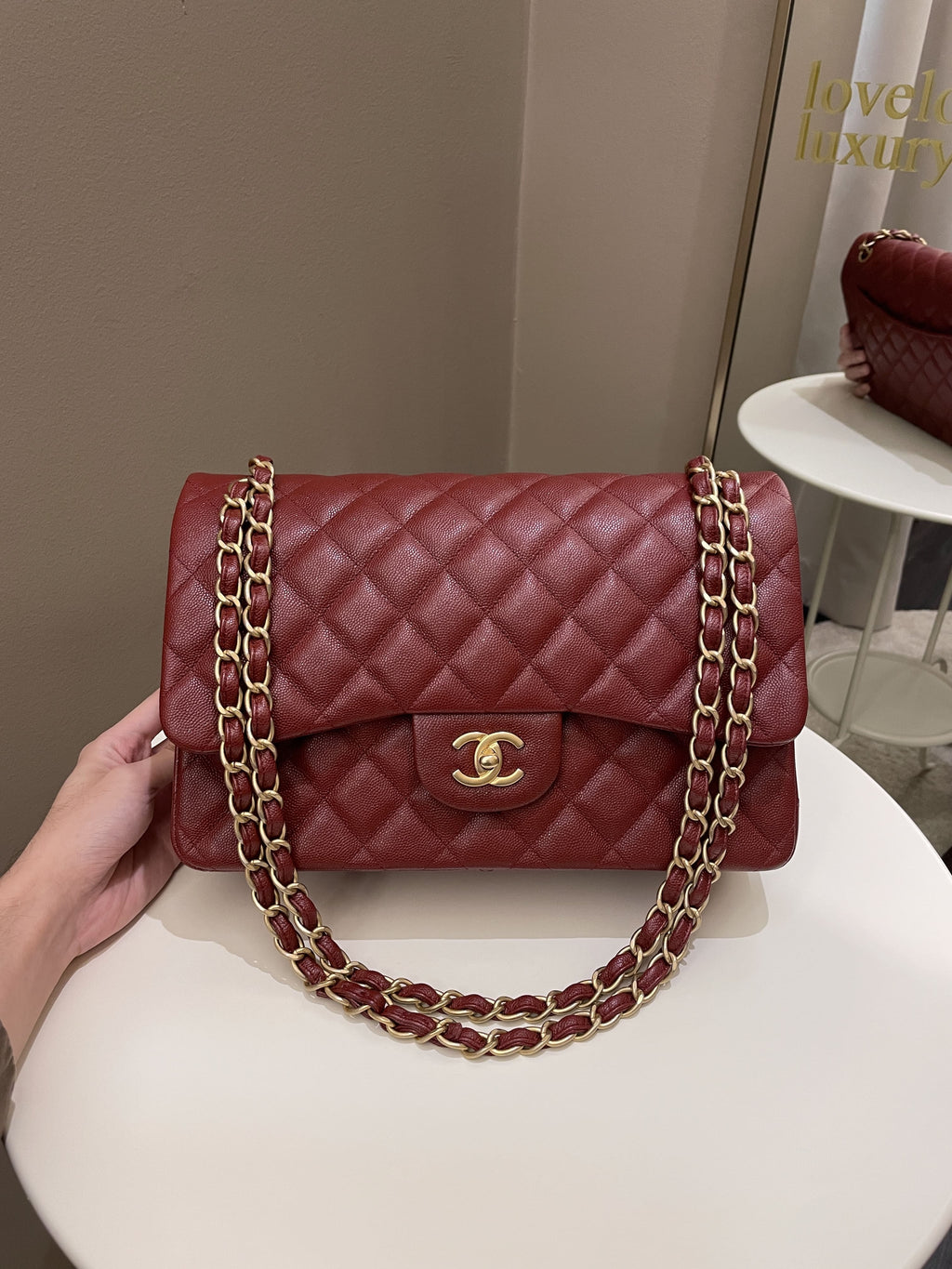Chanel 18C Classic Quilted Jumbo Double Flap Iridescent Burgundy Caviar Leather