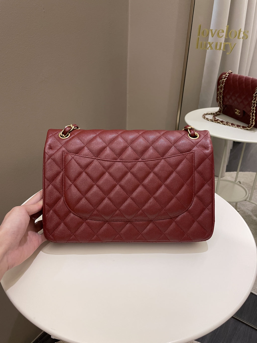 Chanel 18C Classic Quilted Jumbo Double Flap Iridescent Burgundy Caviar Leather