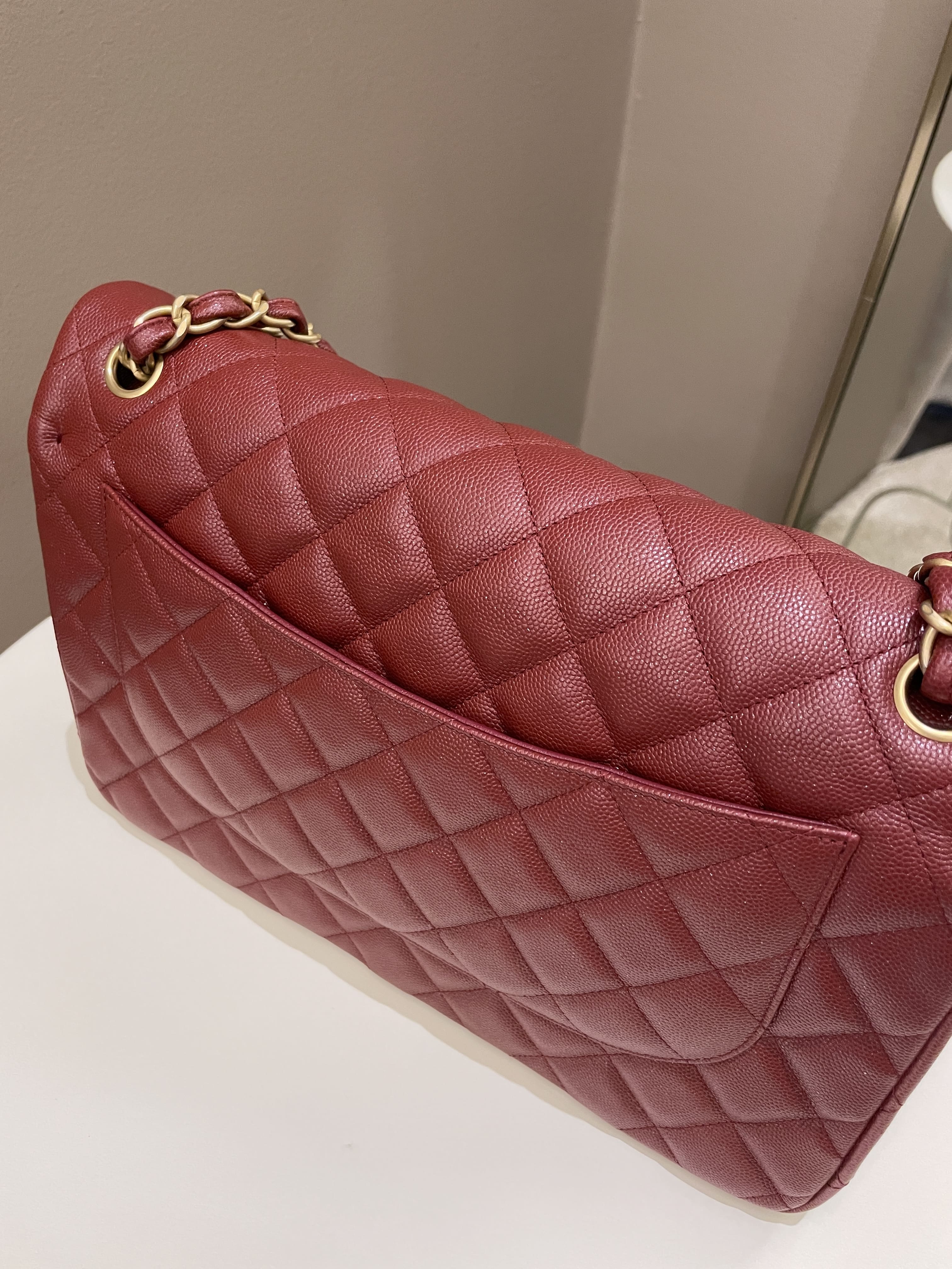 Chanel 18C Classic Quilted Jumbo Double Flap Iridescent Burgundy Caviar Leather