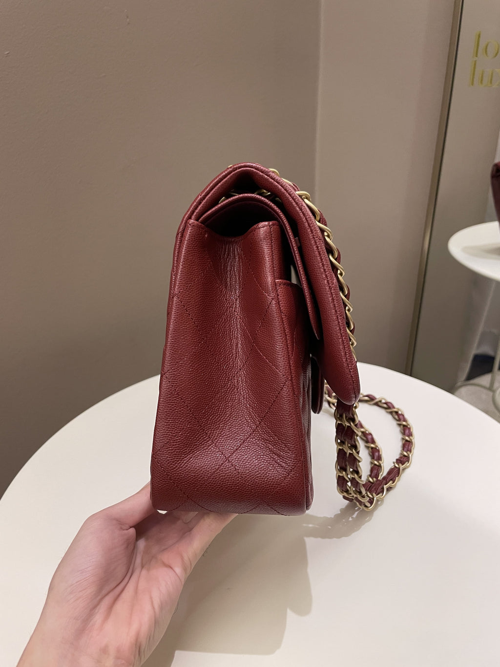 Chanel 18C Classic Quilted Jumbo Double Flap Iridescent Burgundy Caviar Leather