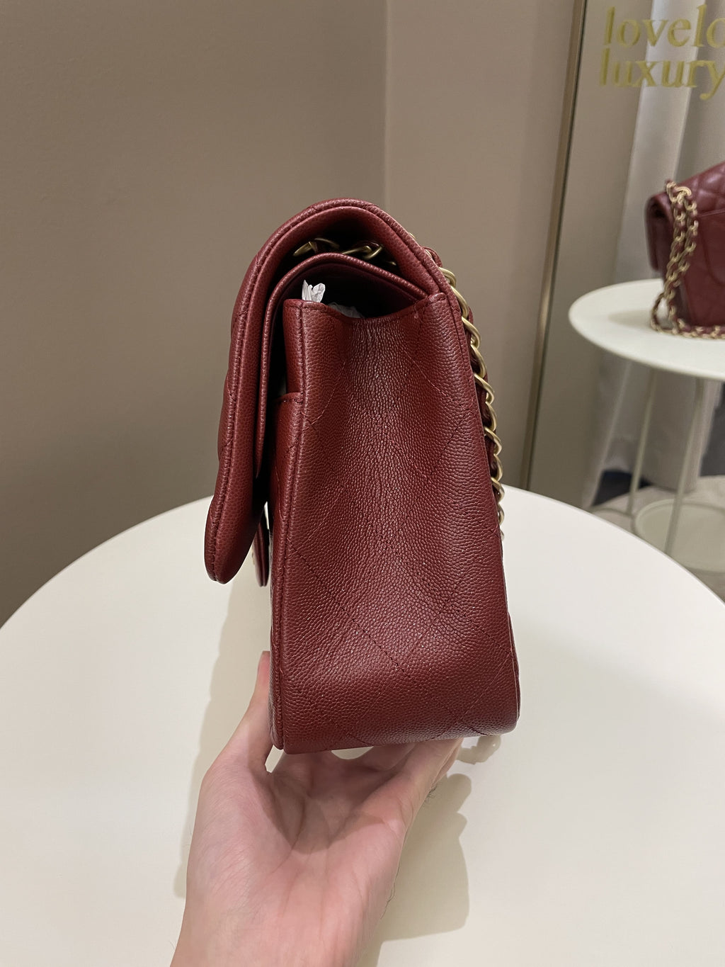 Chanel 18C Classic Quilted Jumbo Double Flap Iridescent Burgundy Caviar Leather