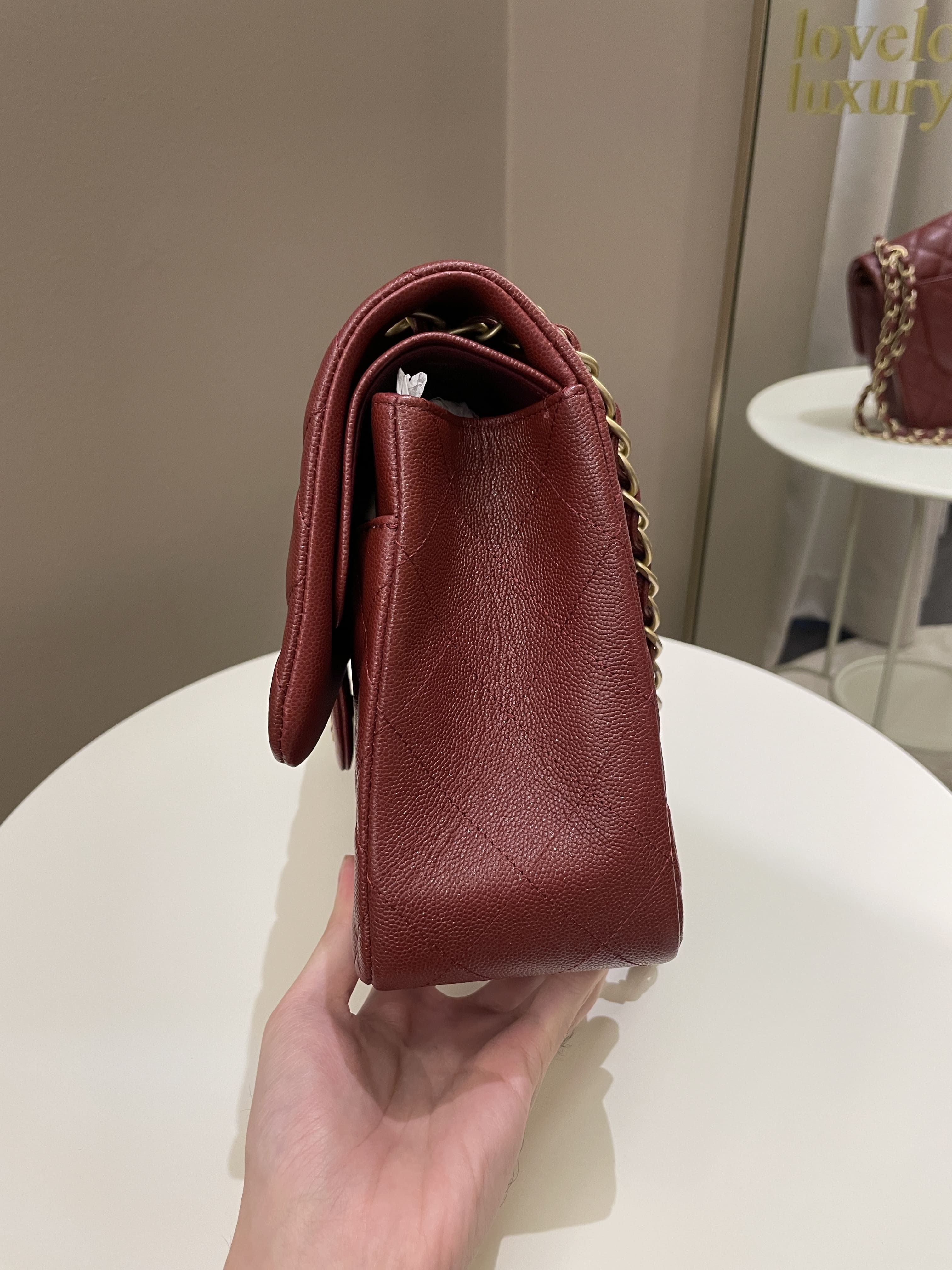 Chanel 18C Classic Quilted Jumbo Double Flap Iridescent Burgundy Caviar Leather