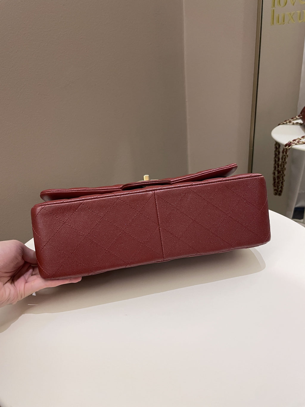 Chanel 18C Classic Quilted Jumbo Double Flap Iridescent Burgundy Caviar Leather
