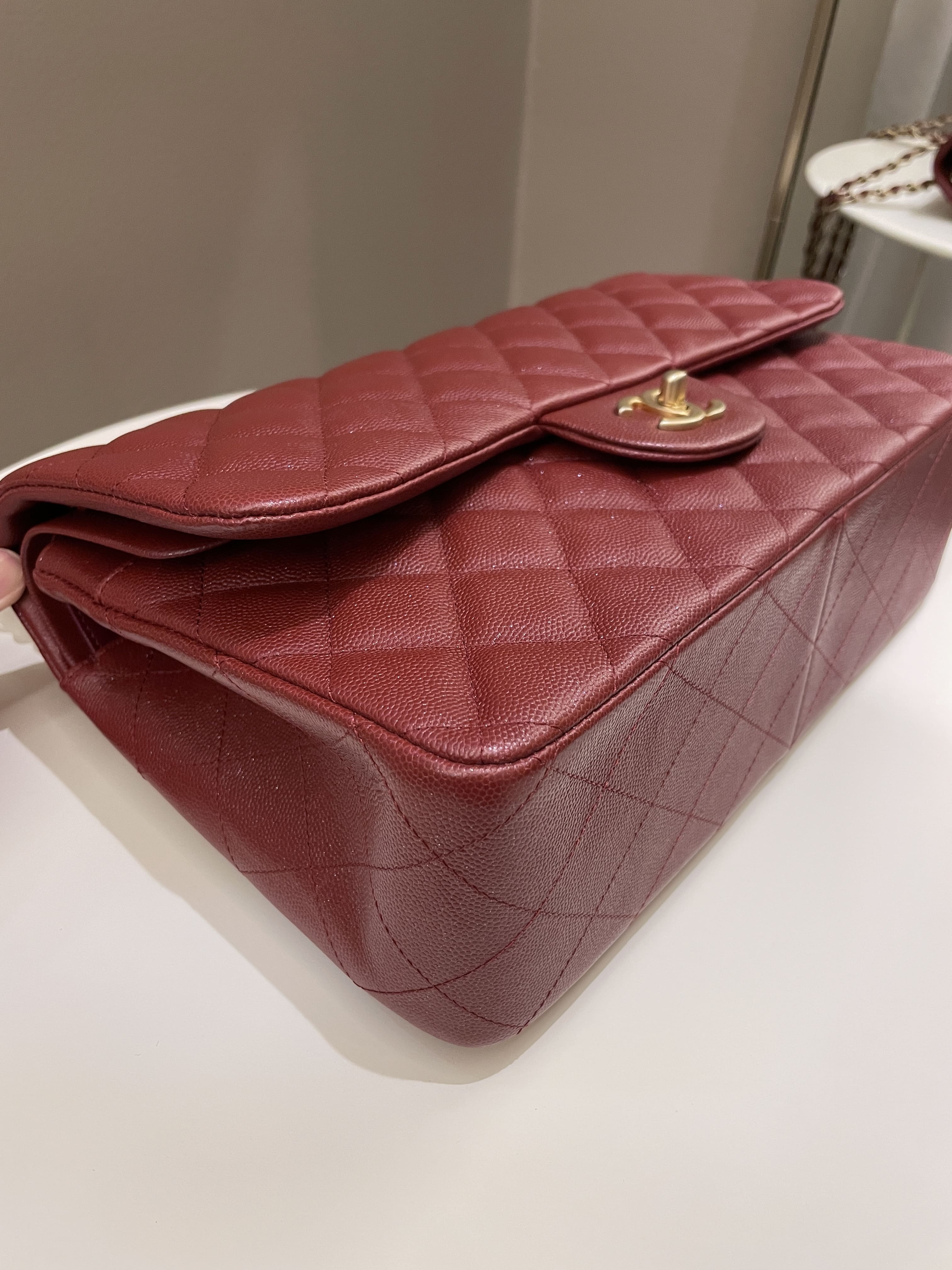 Chanel 18C Classic Quilted Jumbo Double Flap Iridescent Burgundy Caviar Leather