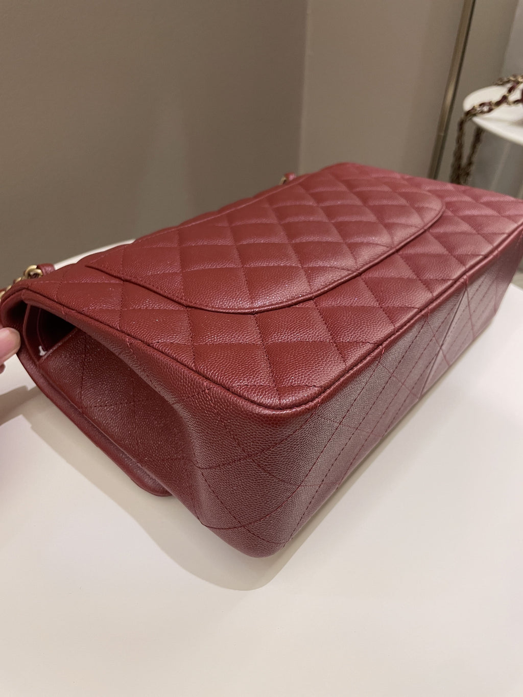 Chanel 18C Classic Quilted Jumbo Double Flap Iridescent Burgundy Caviar Leather