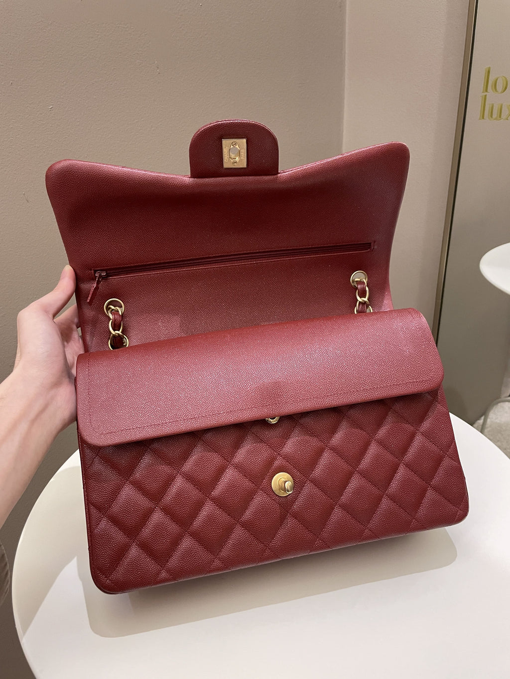 Chanel 18C Classic Quilted Jumbo Double Flap Iridescent Burgundy Caviar Leather