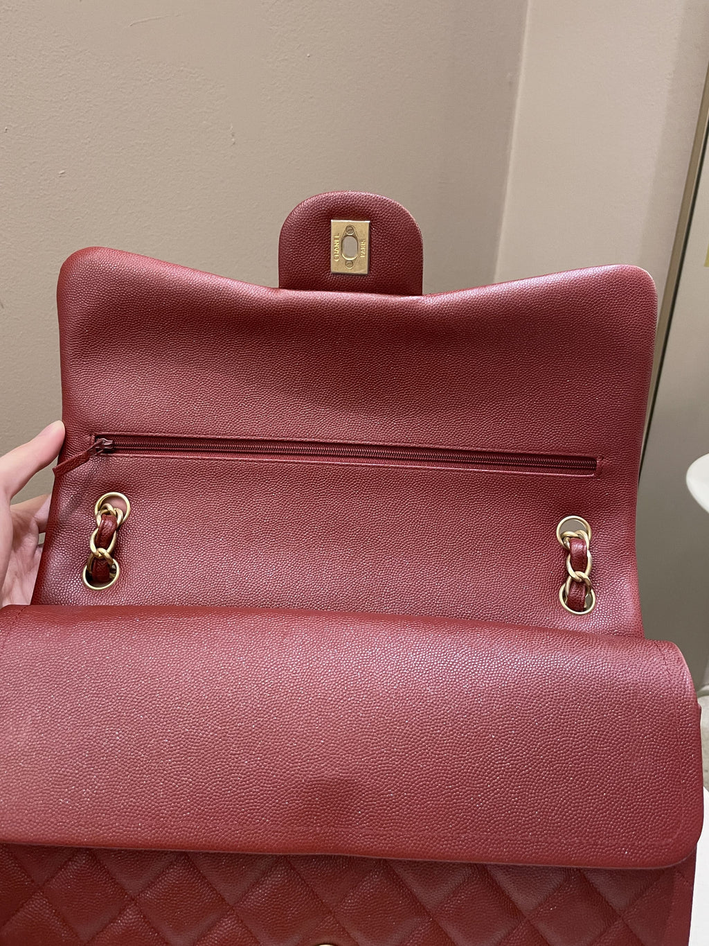 Chanel 18C Classic Quilted Jumbo Double Flap Iridescent Burgundy Caviar Leather