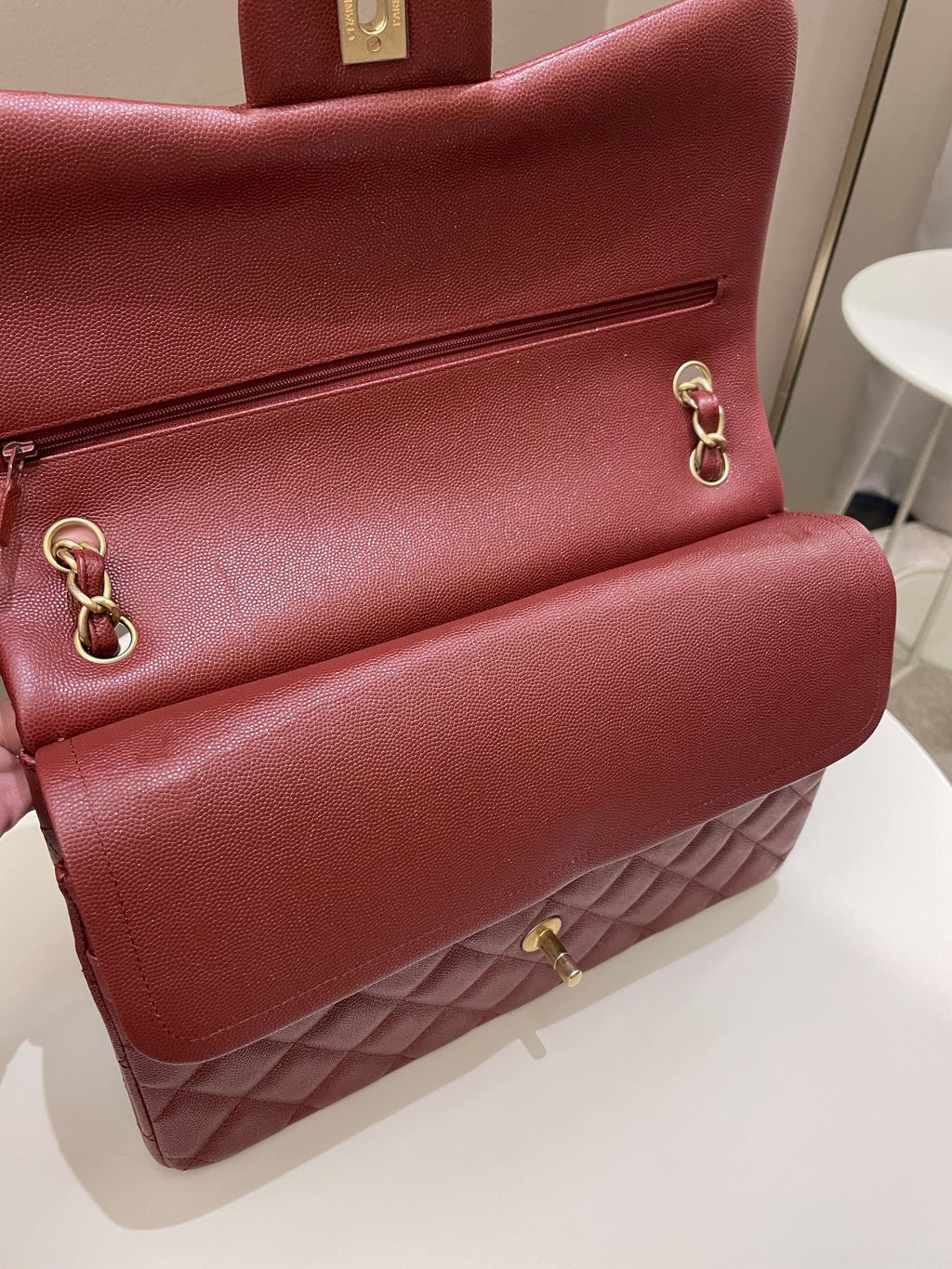 Chanel 18C Classic Quilted Jumbo Double Flap Iridescent Burgundy Caviar Leather