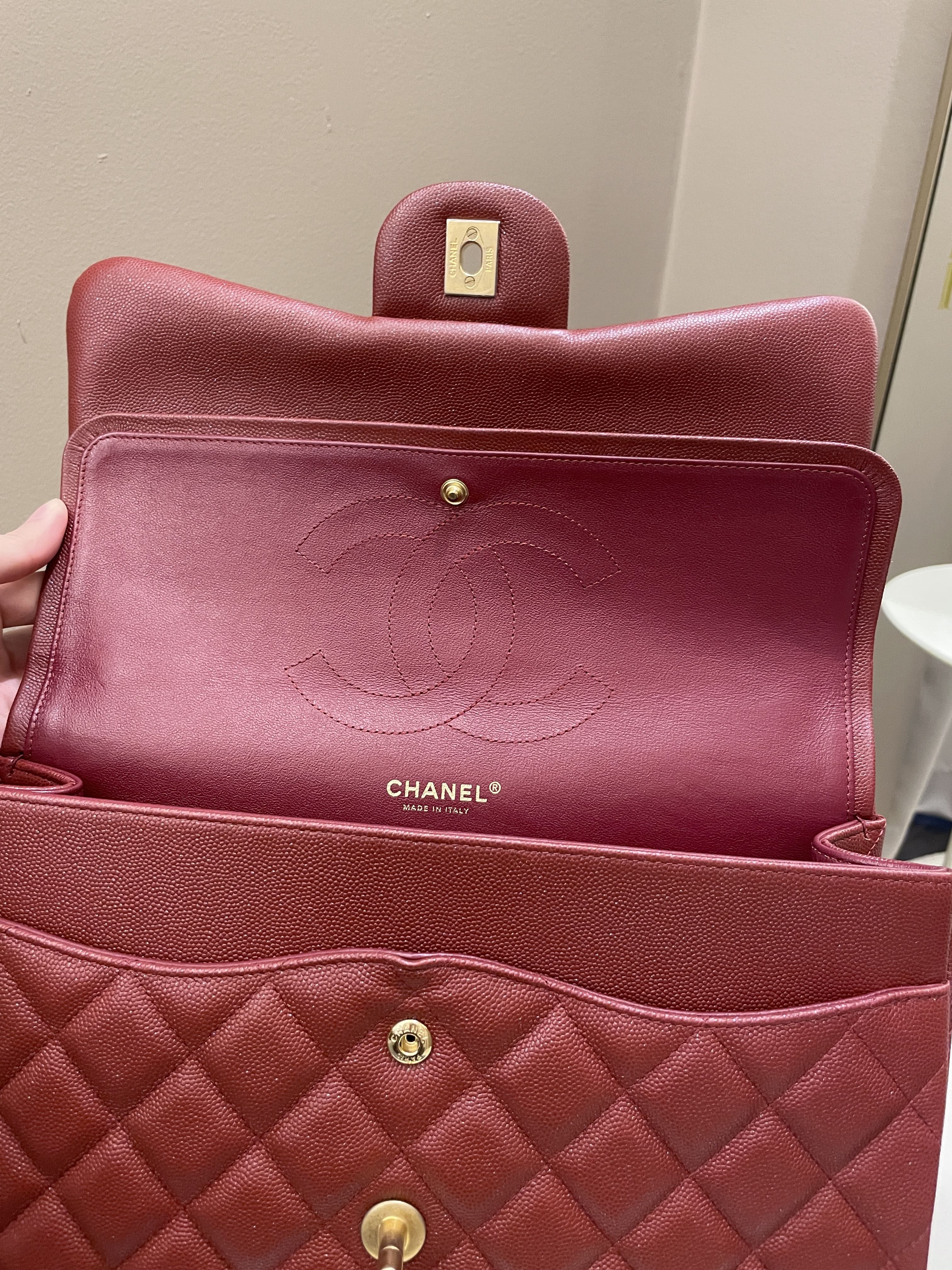 Chanel 18C Classic Quilted Jumbo Double Flap Iridescent Burgundy Caviar Leather
