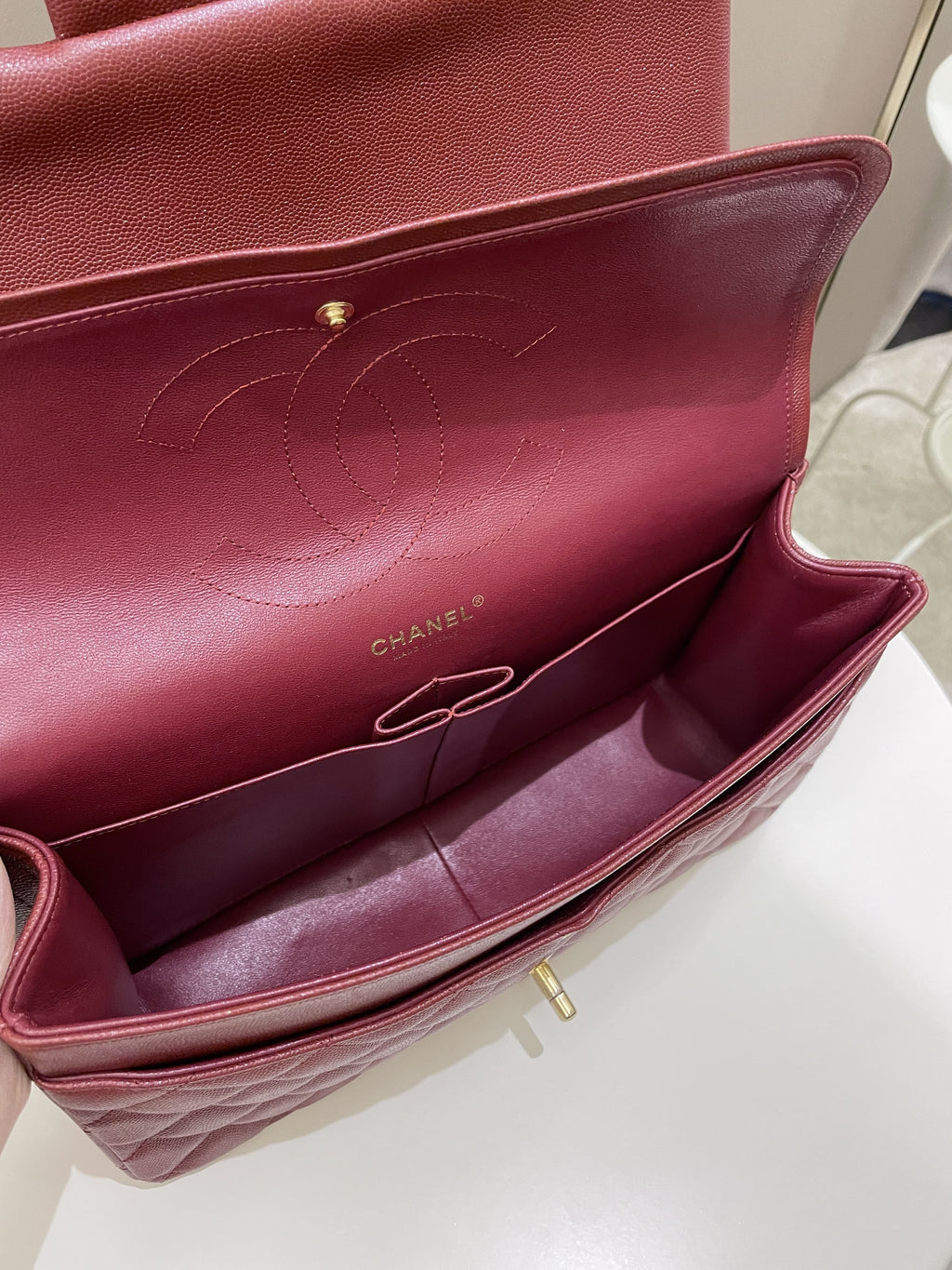 Chanel 18C Classic Quilted Jumbo Double Flap Iridescent Burgundy Caviar Leather