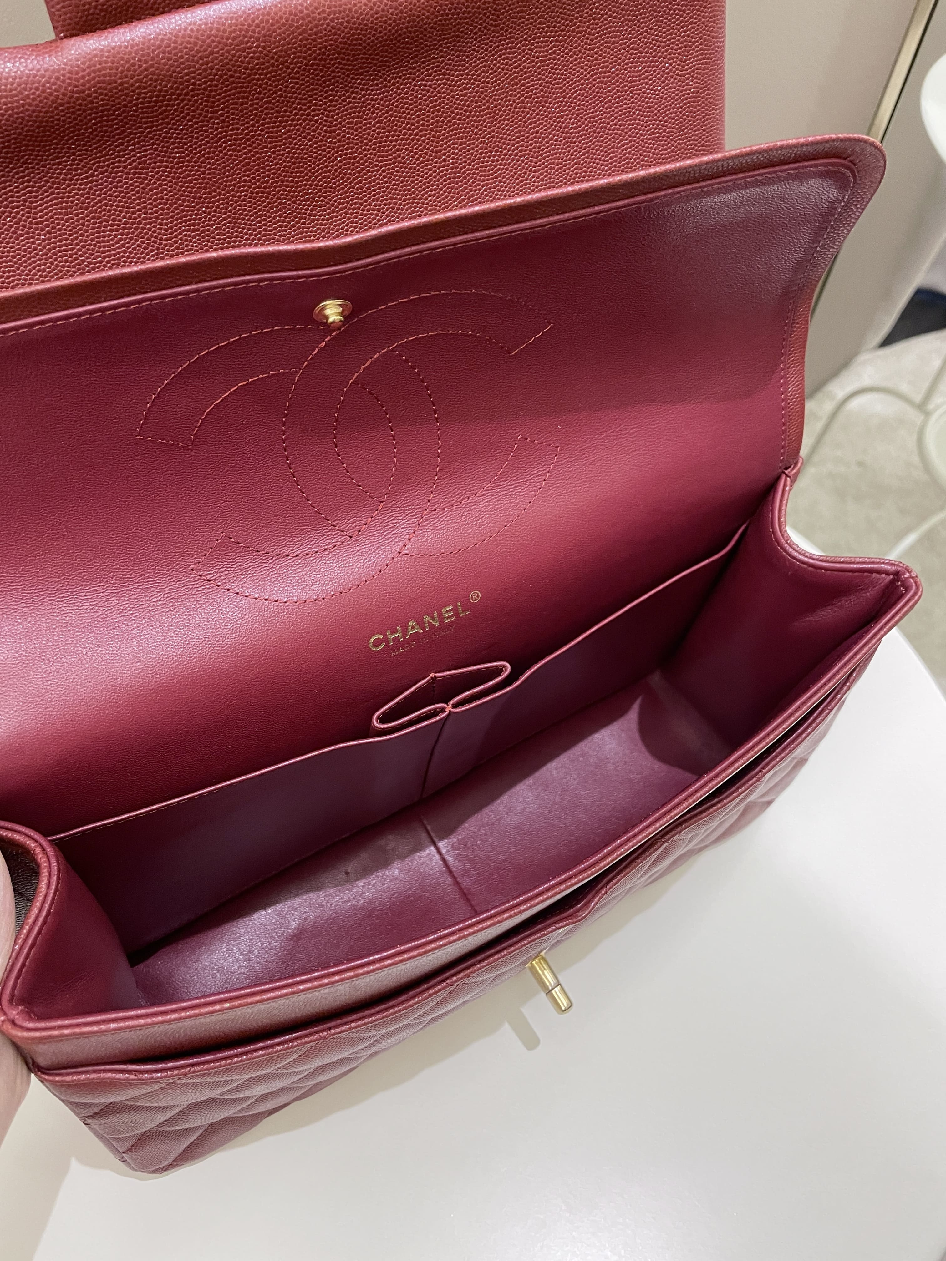 Chanel 18C Classic Quilted Jumbo Double Flap Iridescent Burgundy Caviar Leather