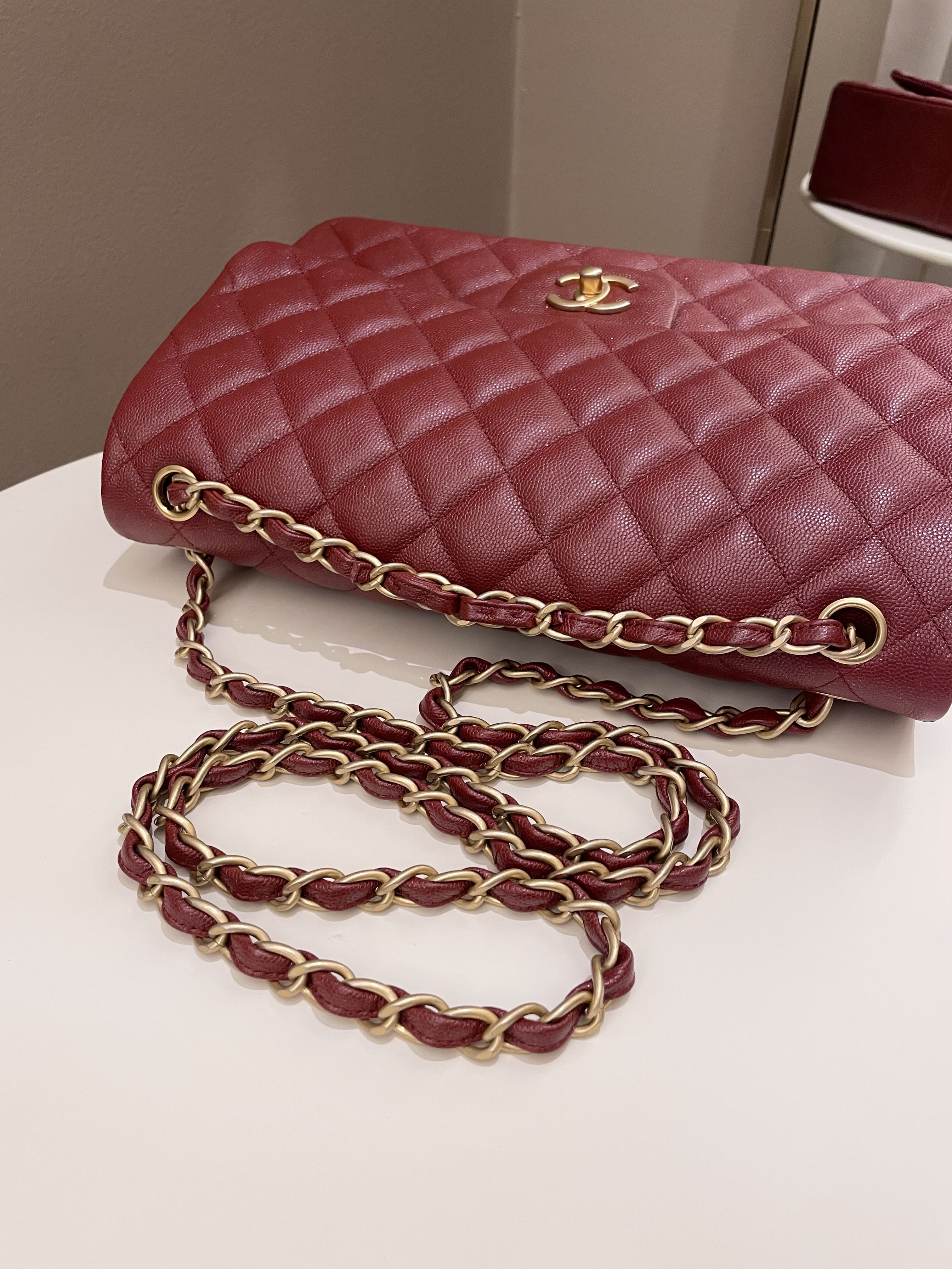 Chanel 18C Classic Quilted Jumbo Double Flap Iridescent Burgundy Caviar Leather