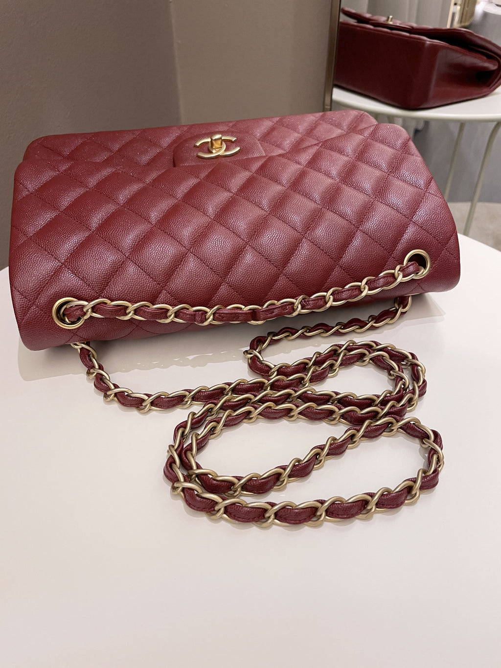 Chanel 18C Classic Quilted Jumbo Double Flap Iridescent Burgundy Caviar Leather